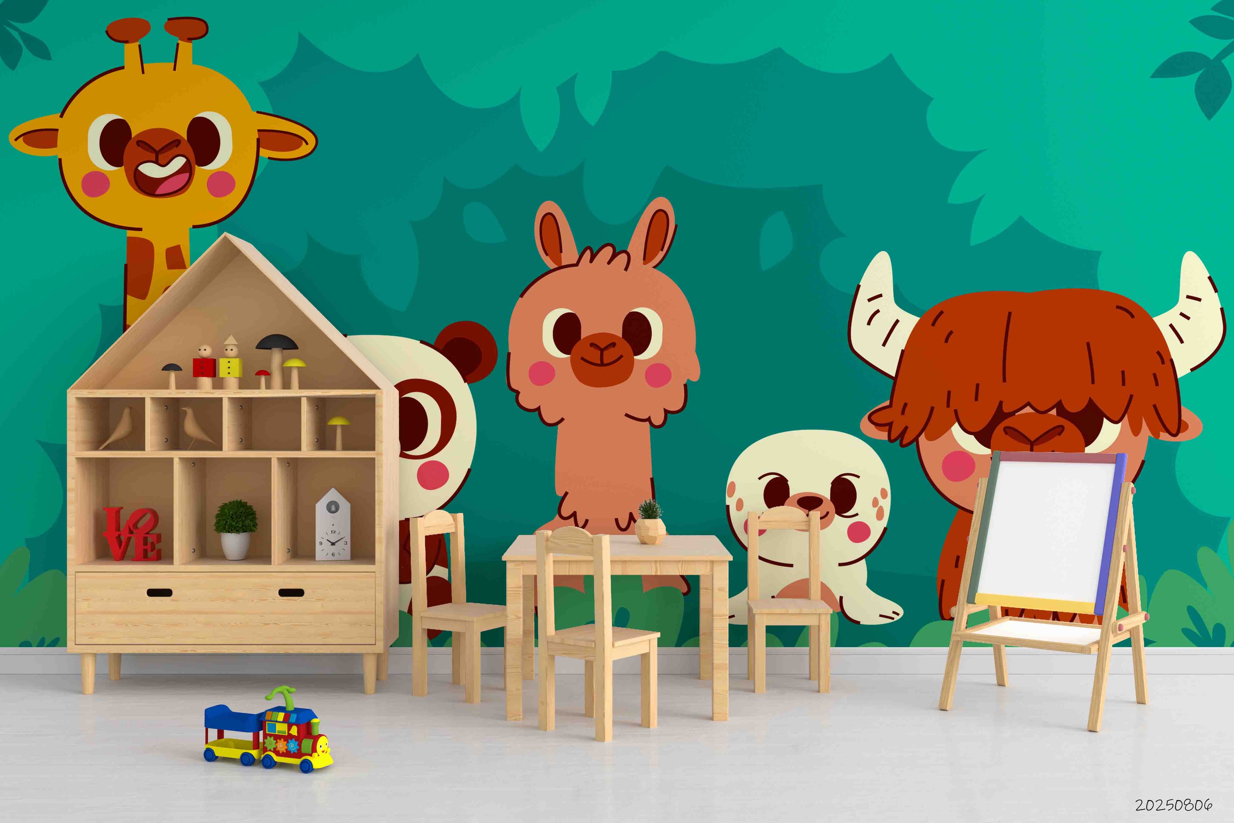 3D Childcare Nursery School Cartoon Animals Kids Green Wall Mural Wallpaper JN