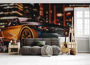 3D Brown Sports Car City Night Scene Wallpaper Wall Mural Wall Decor Wall Art Wall Sticker Remoable Wallpaper