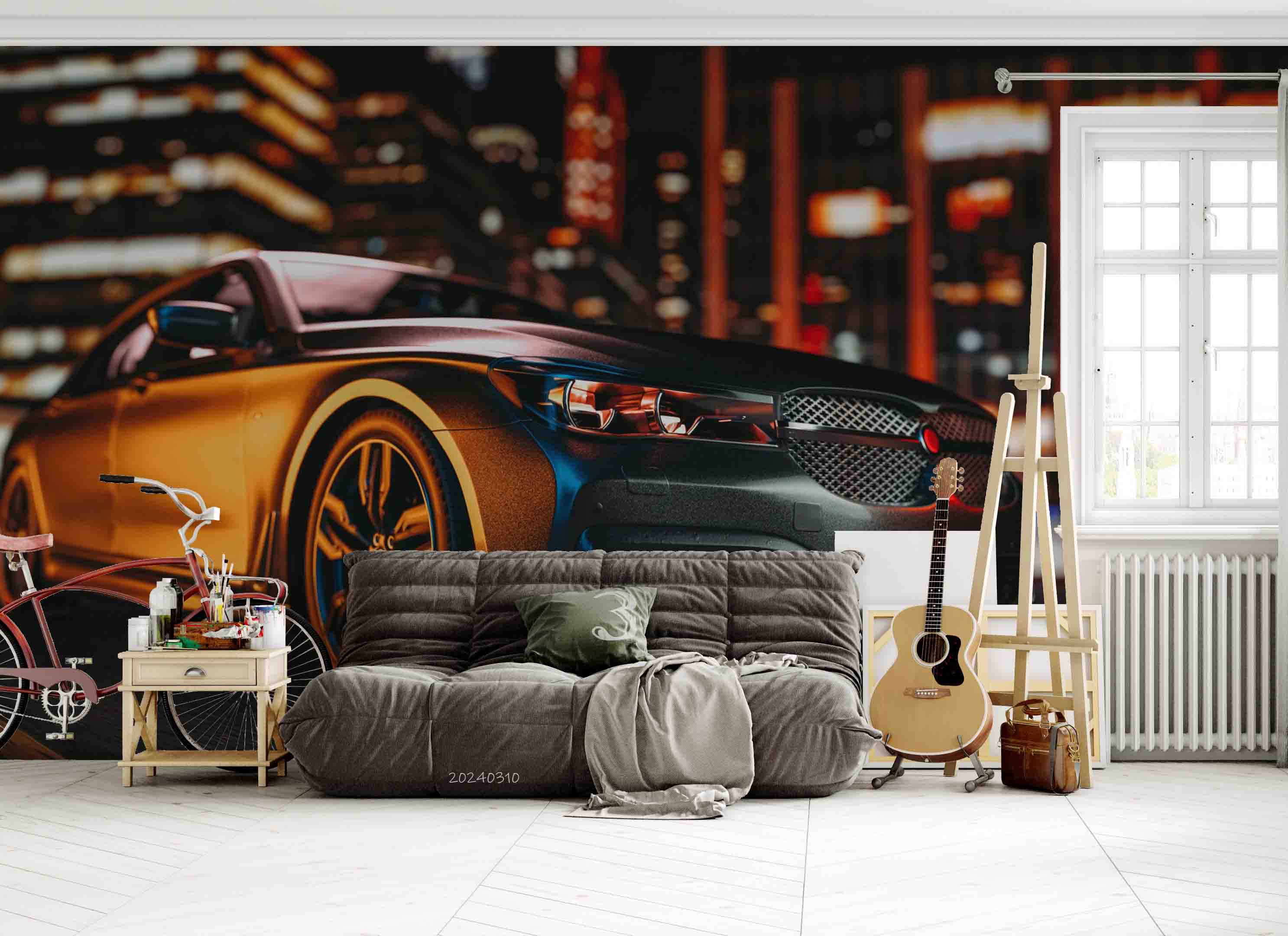 3D Brown Sports Car City Night Scene Wallpaper Wall Mural Wall Decor Wall Art Wall Sticker Remoable Wallpaper