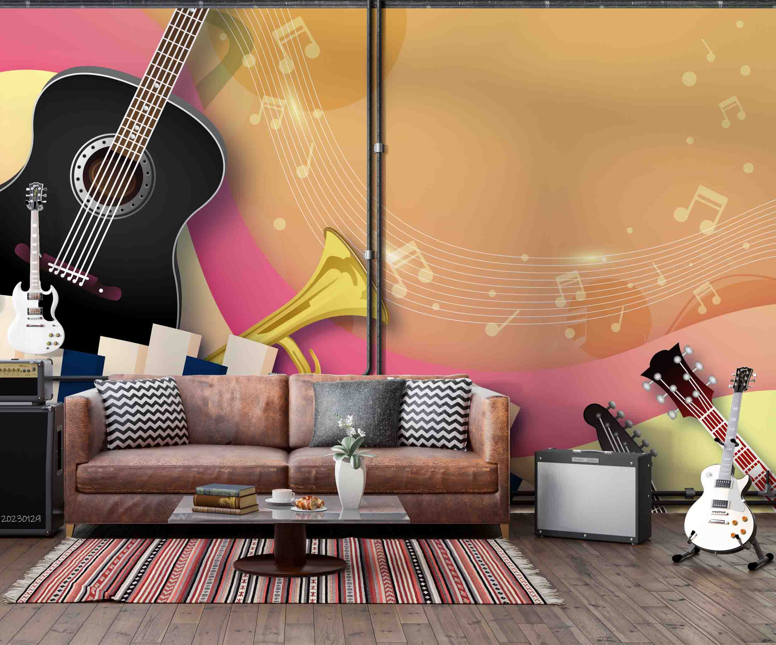 3D Pattern Guitar Stave Trumpet Piano Wall Mural Wallpaper YXL 07- Jess Art Decoration
