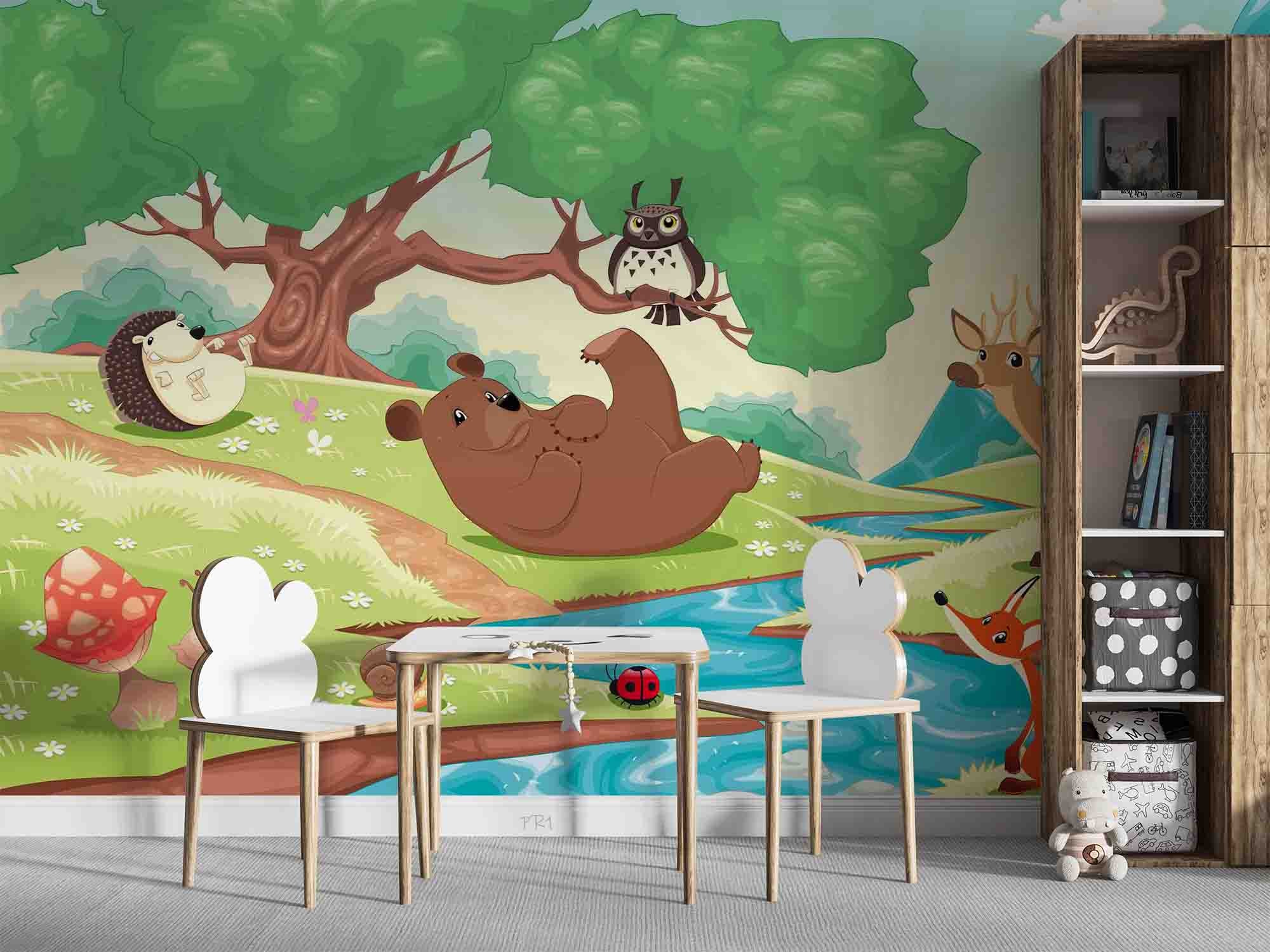 3D Woodland Bear Hedgehog cute woodland animal illustration wall mural wallpaper for nursery