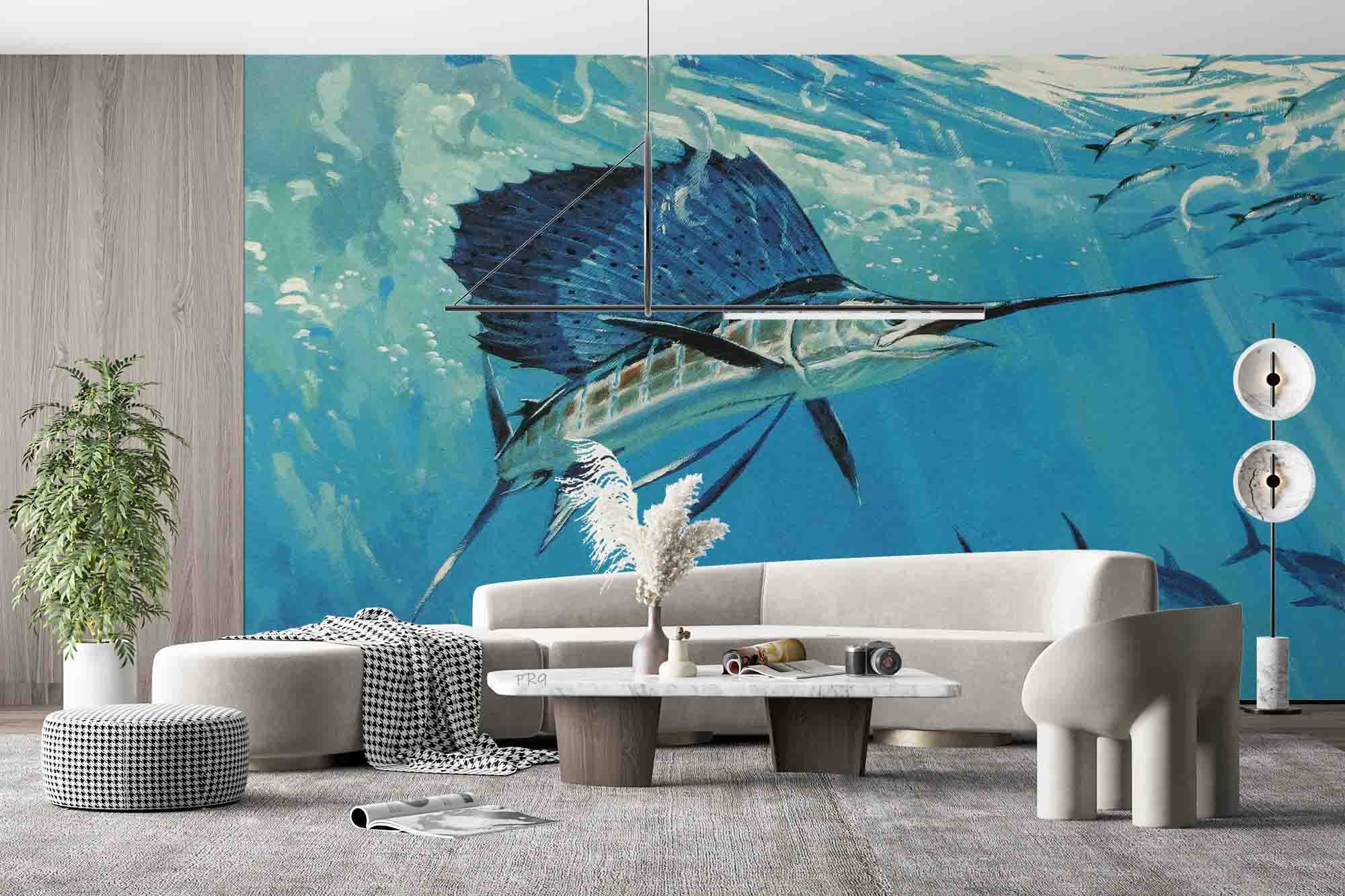3D Blue Sea Fish underwater tuna fish scene wall mural wallpaper for kids room - view 3