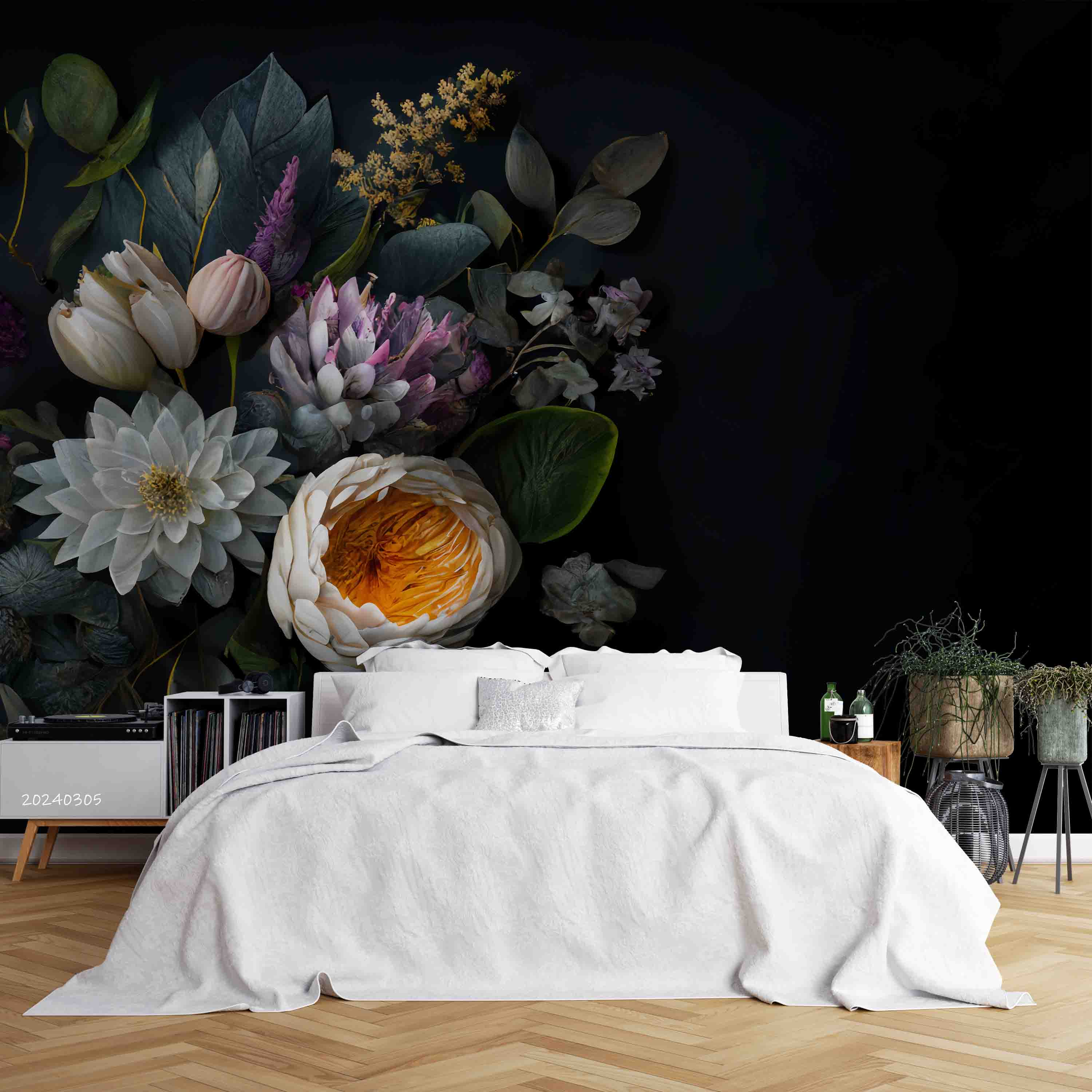 3D Floral Bouquet Dark Background Wallpaper Wall Mural Wall Decor Wall Art Wall Sticker Remoable Wallpaper