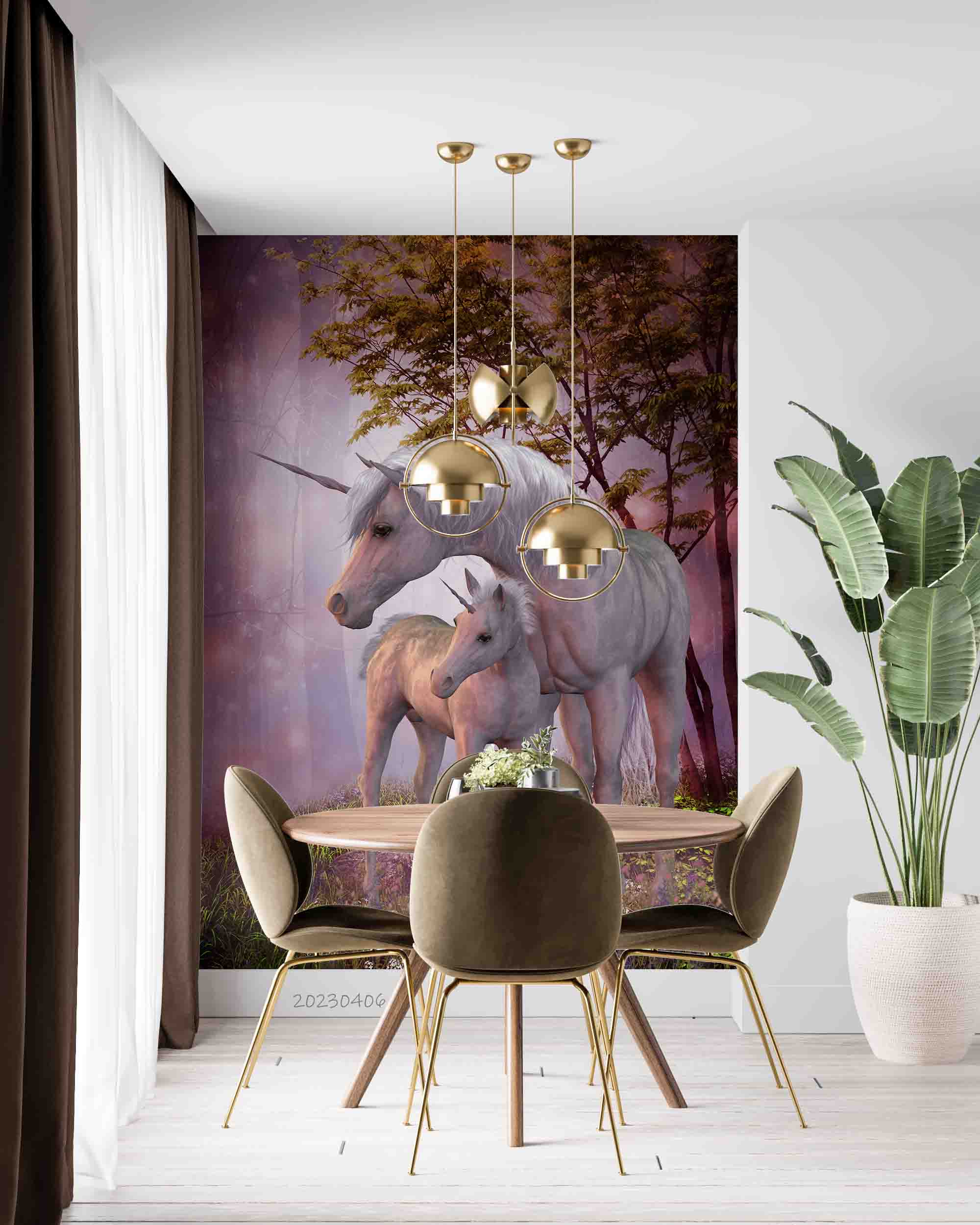 3D Unicorn Mare Foal Magic Forest Wall Mural Wallpaper GD 5658- Jess Art Decoration