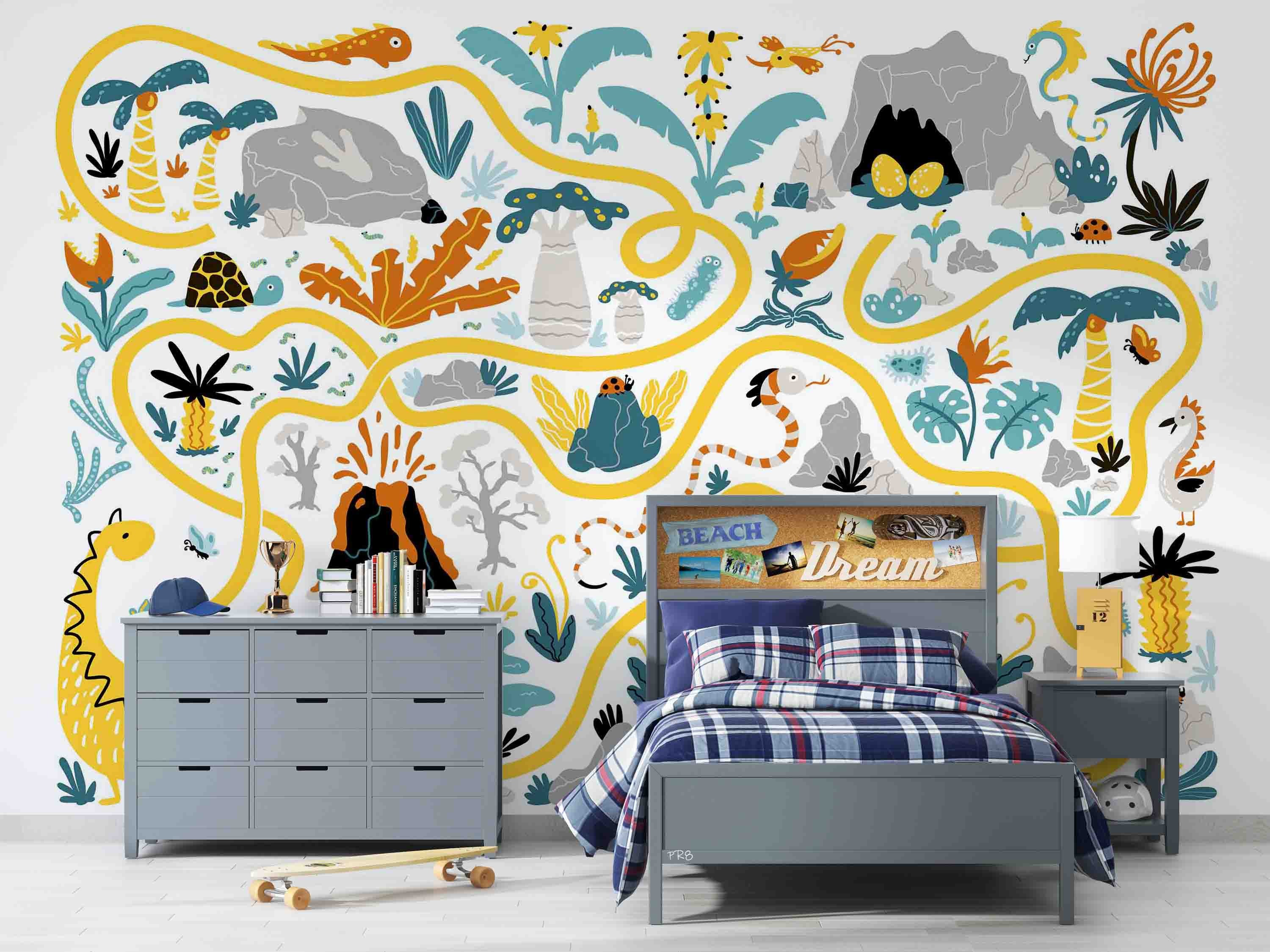3D Cartoon Tropical Plant Volcano Dinosaur Maze Wall Mural Wallpaper GD 4573- Jess Art Decoration