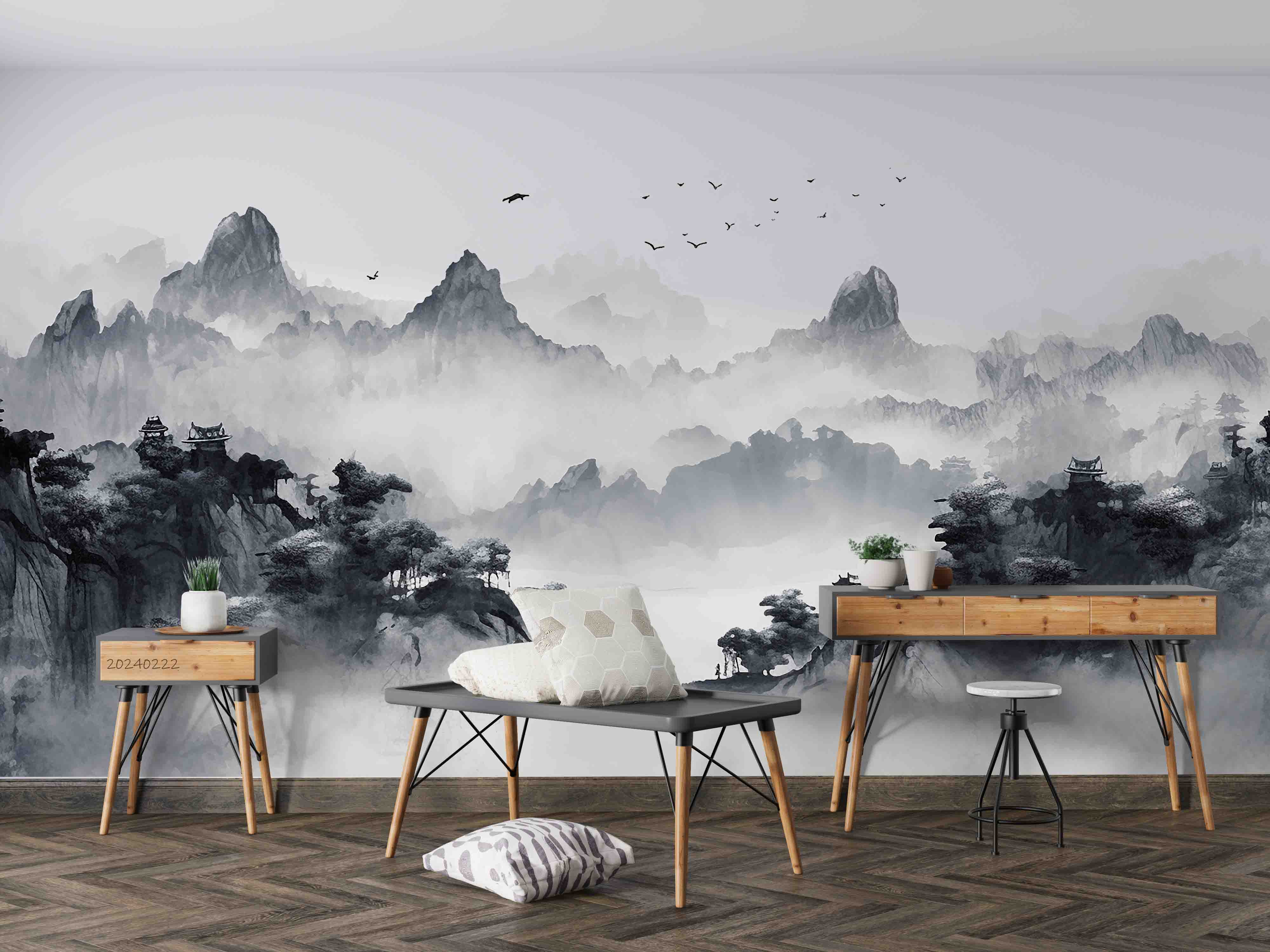 3D Watercolor Grey Mountains Forest Wallpaper Wall Mural Wall Decor Wall Art Wall Sticker Remoable Wallpaper LQH 8