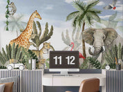 3D Animal Tree Giraffe Elephant  Flamingo Cheetah Parrot Monkey Wall Mural Wallpaper YXL 2556