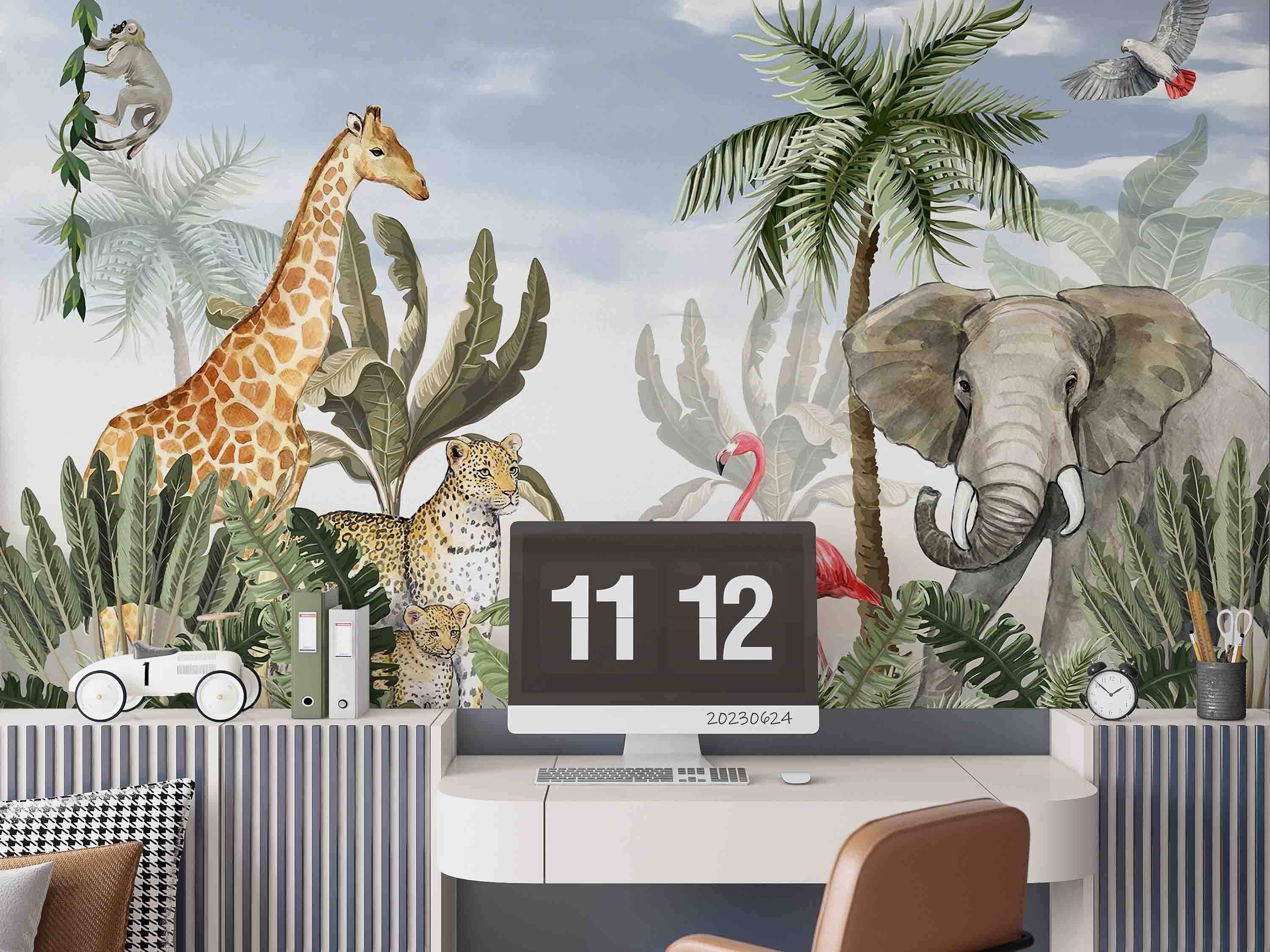 3D Animal Tree Giraffe Elephant  Flamingo Cheetah Parrot Monkey Wall Mural Wallpaper YXL 2556
