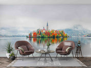 3D Building Lake Mountains Fog Autumn Landscape Wall Mural Wallpaper JN 401