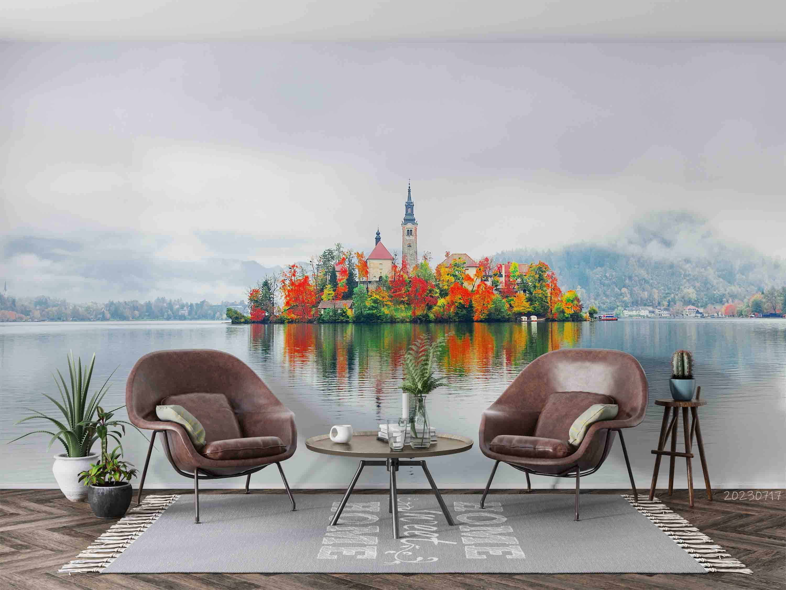 3D Building Lake Mountains Fog Autumn Landscape Wall Mural Wallpaper JN 401