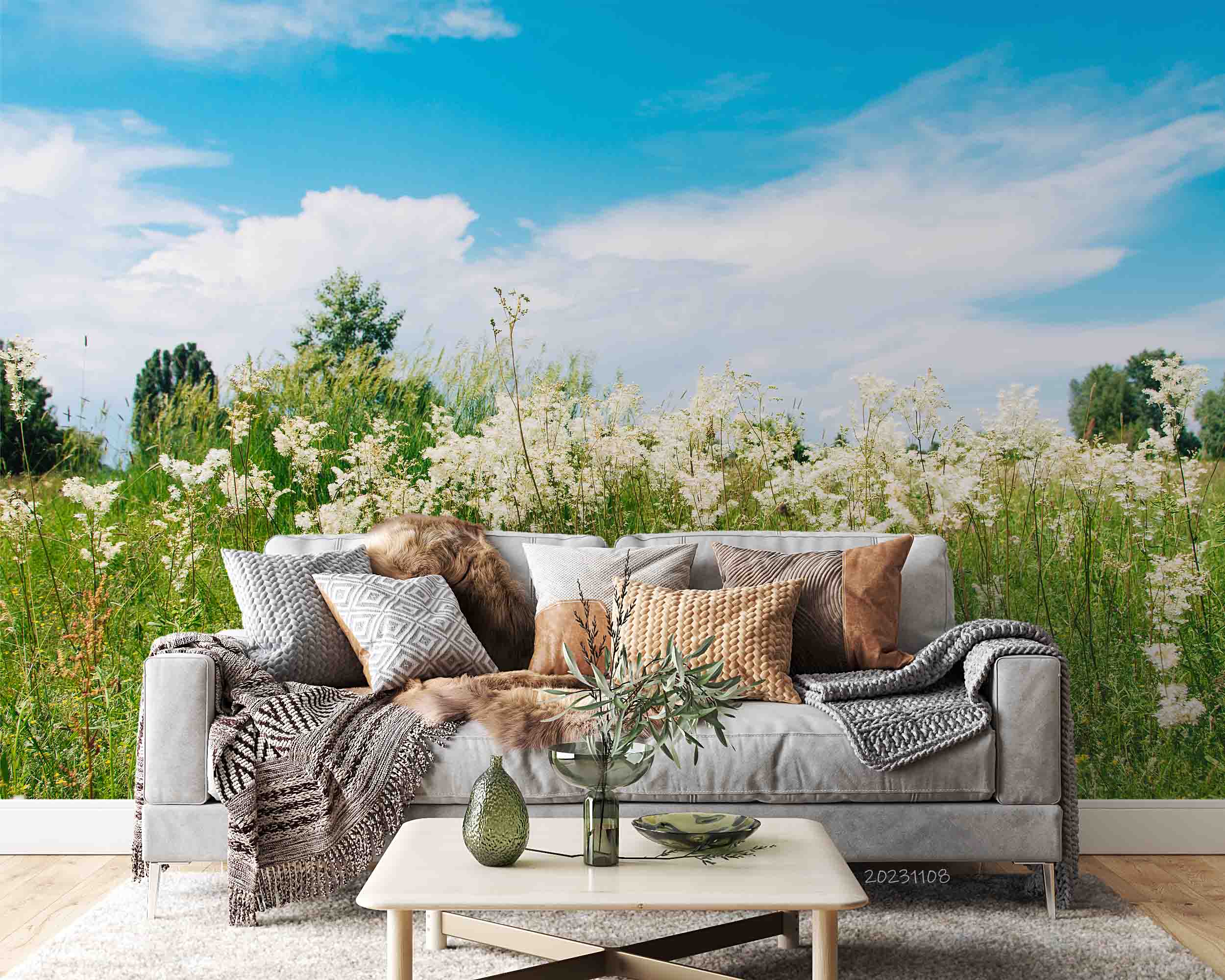 3D Tree Grass Floral Cloud Bluesky Wall Mural Wallpaper YXL 3061