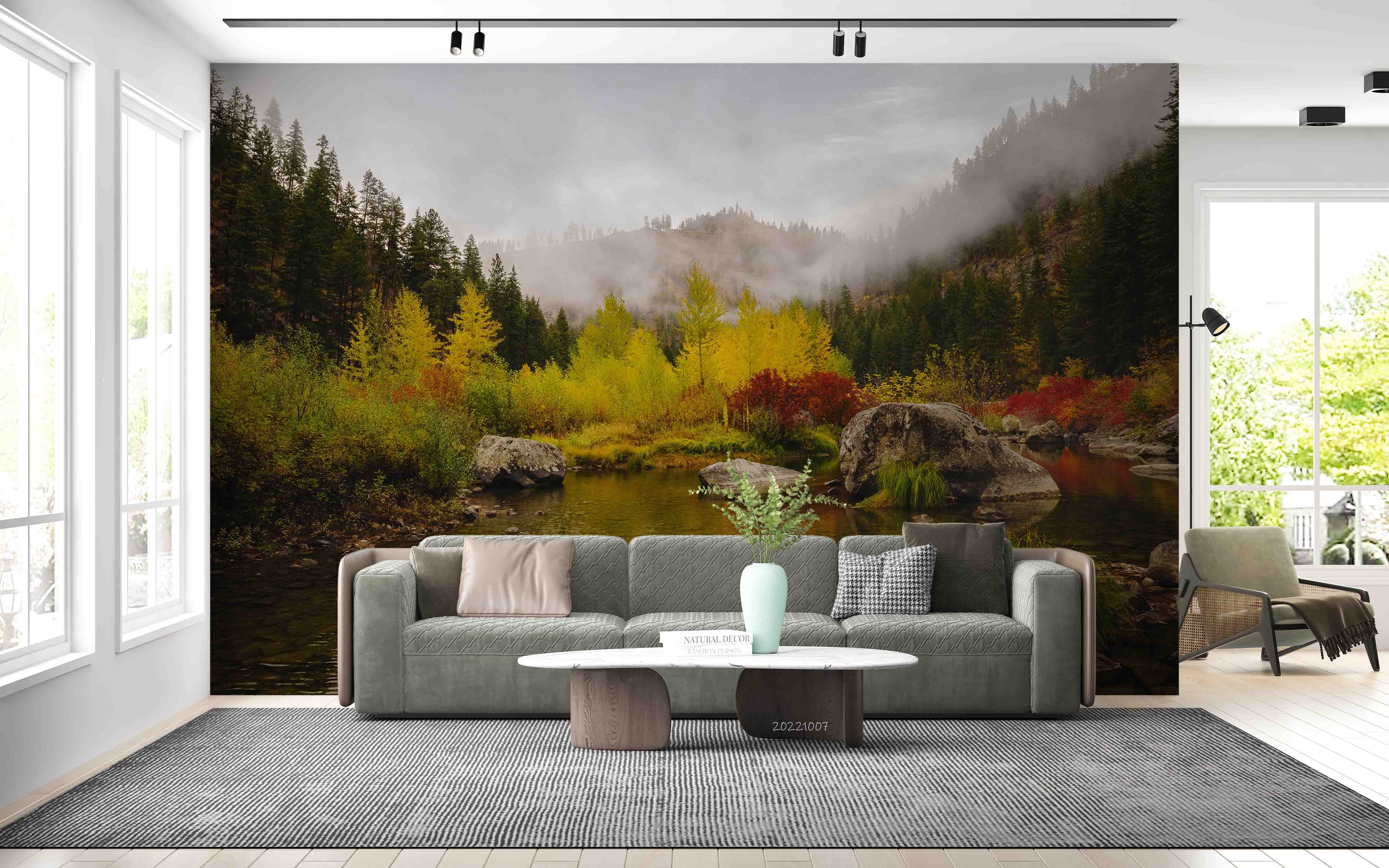 3D Autumn Forest River Misty Morning Wall Mural Wallpaper GD 3294- Jess Art Decoration