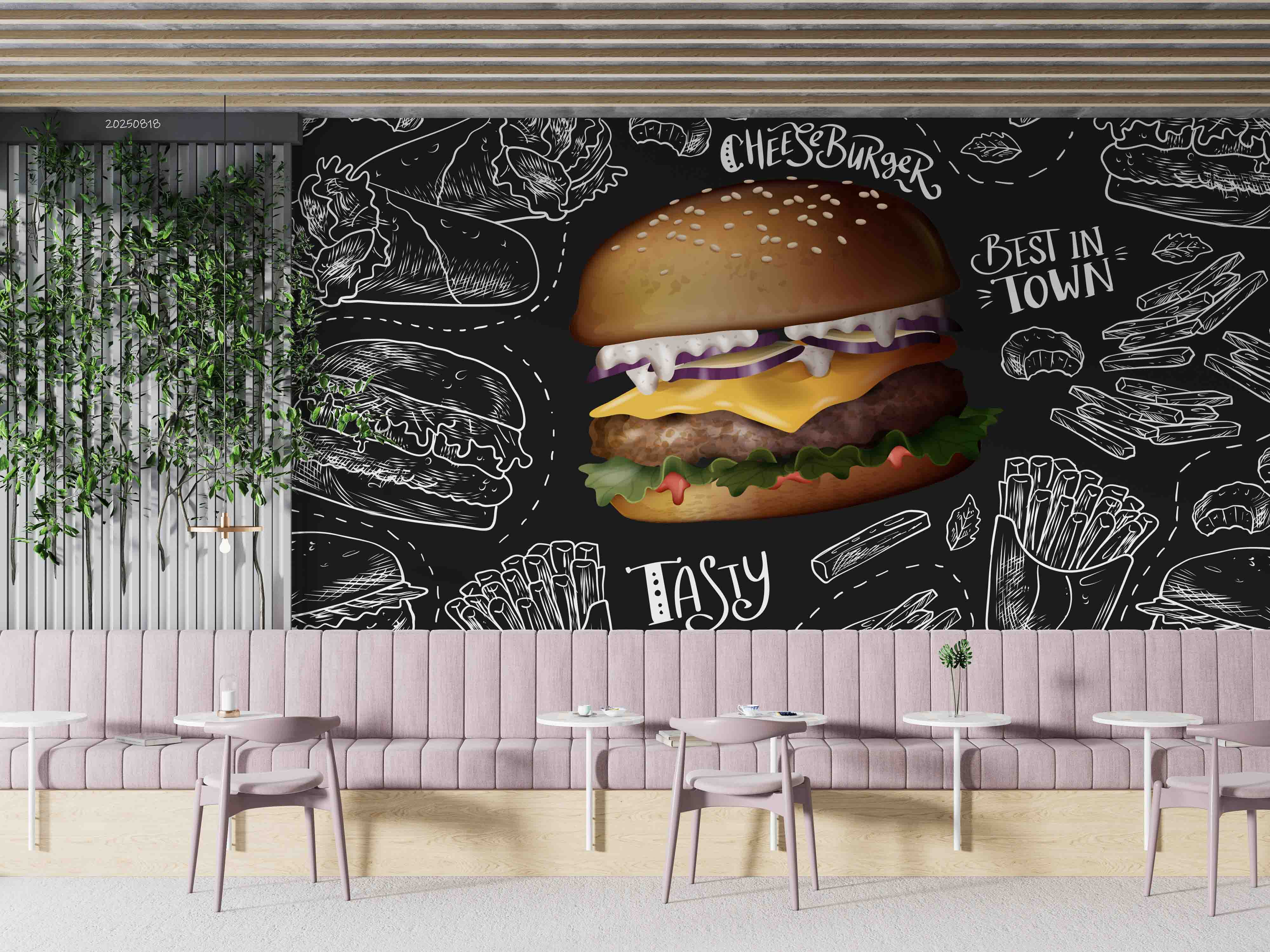 3D Restaurant Snack Bar Diner Fast Food Hamburger Cips Wall Mural Wallpaper 1
