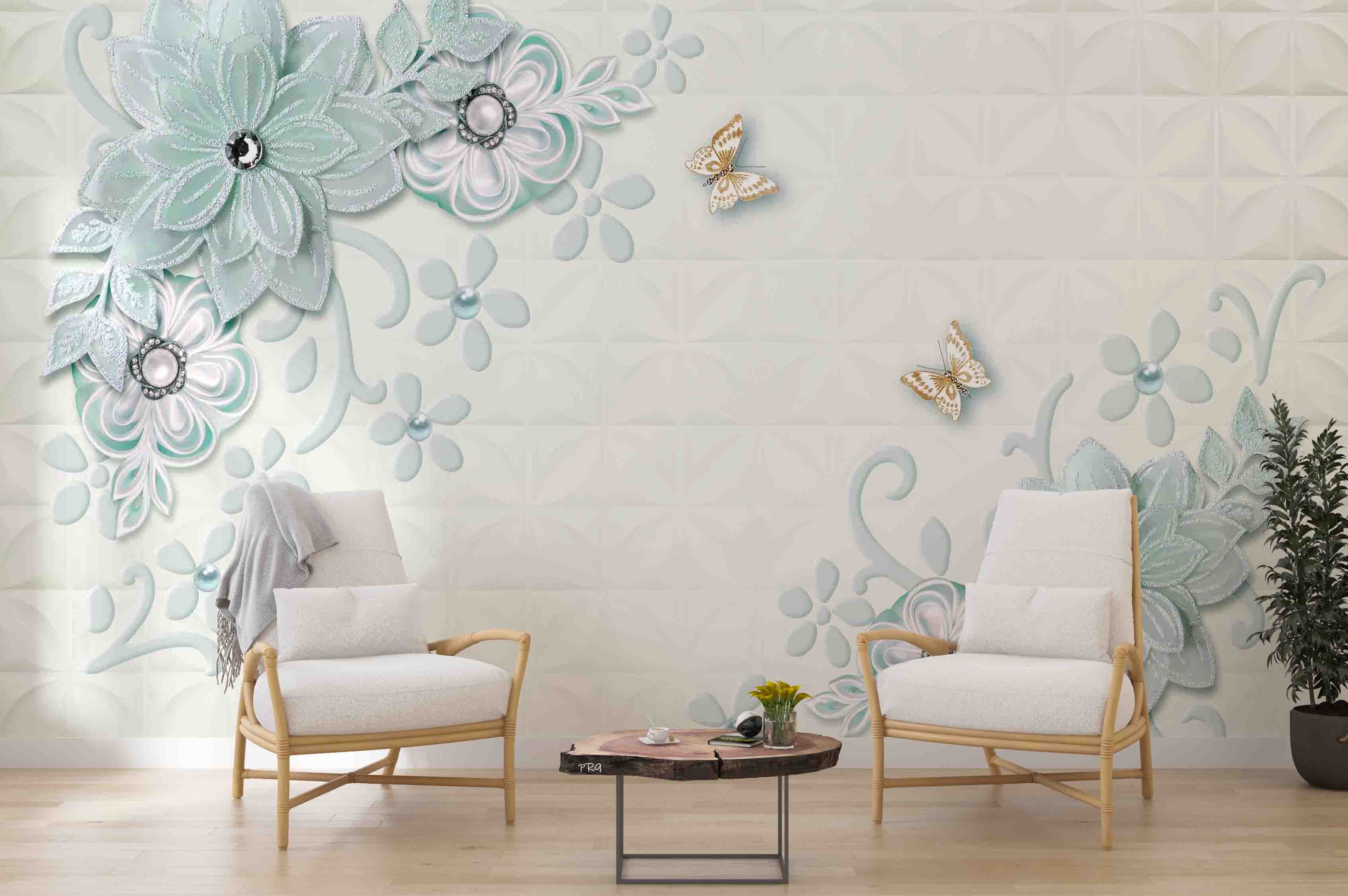 3D Jewelry Floral Butterfly Tile Background Wall Mural Wallpaper GD 4663- Jess Art Decoration