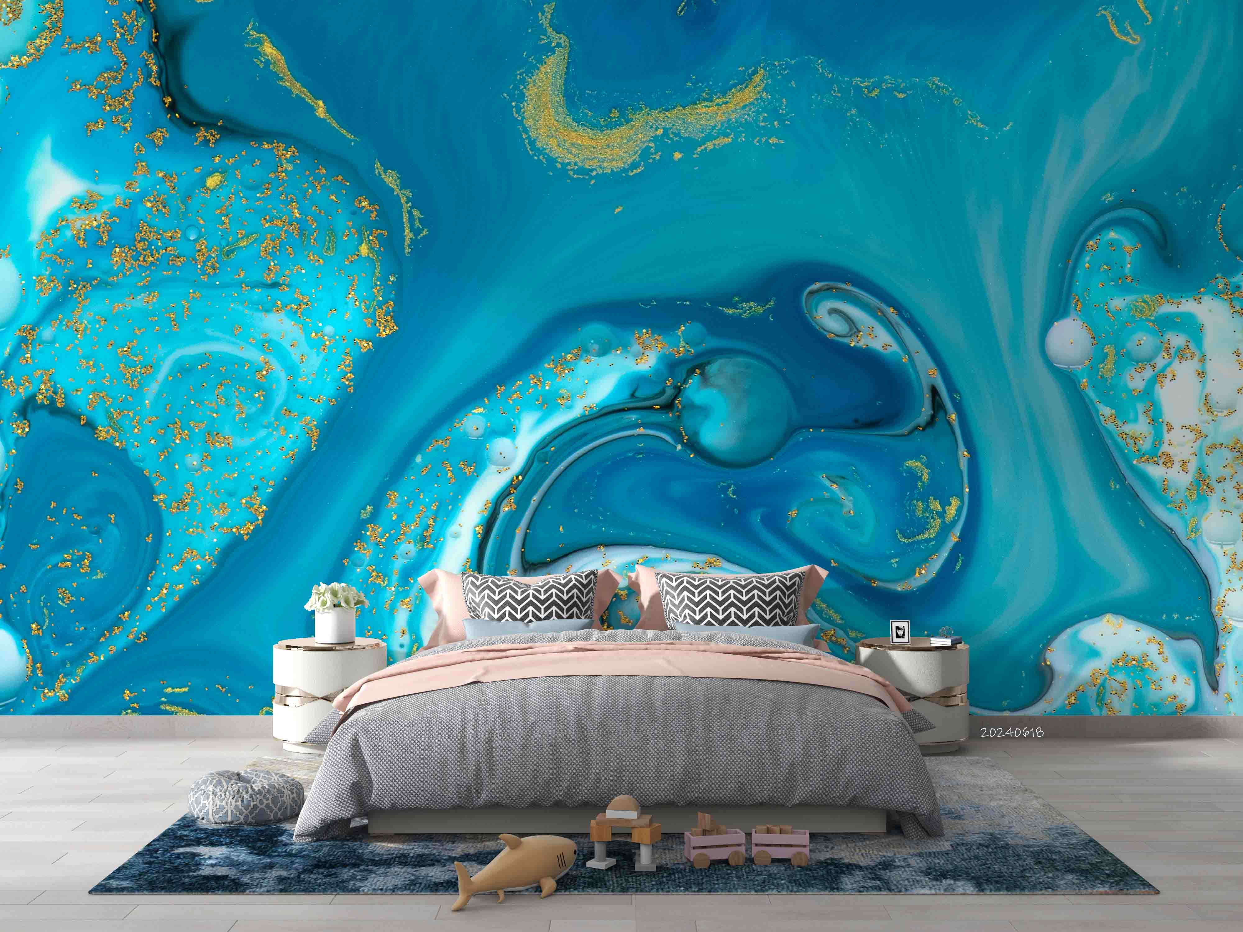 3D Abstract Damaskeen Blue Wave Wall Mural Wallpaper YXL 570