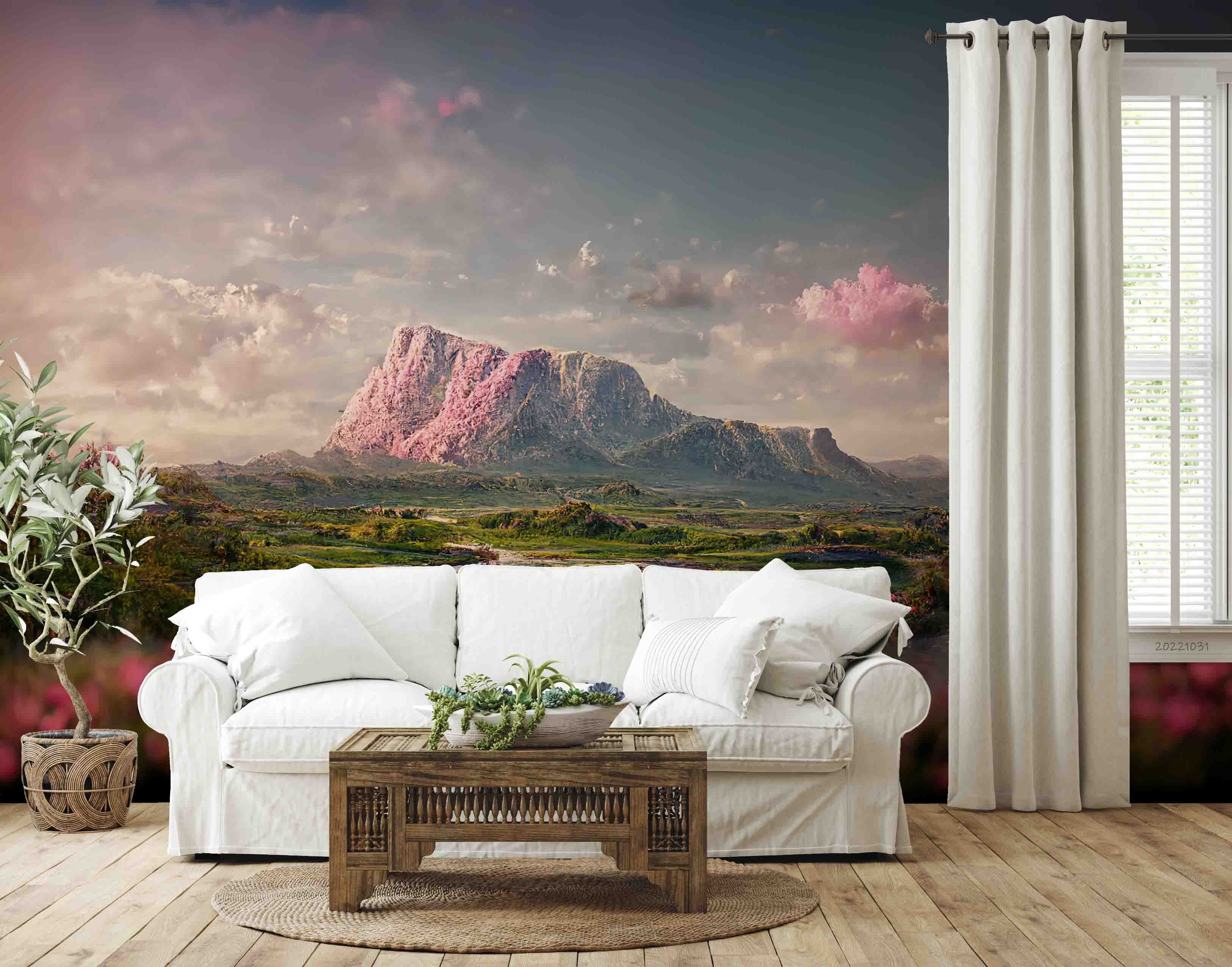 3D Morning Sea Mountain Rock Green Grass Flower Pink Sky Wall Mural Wallpaper GD 3098- Jess Art Decoration