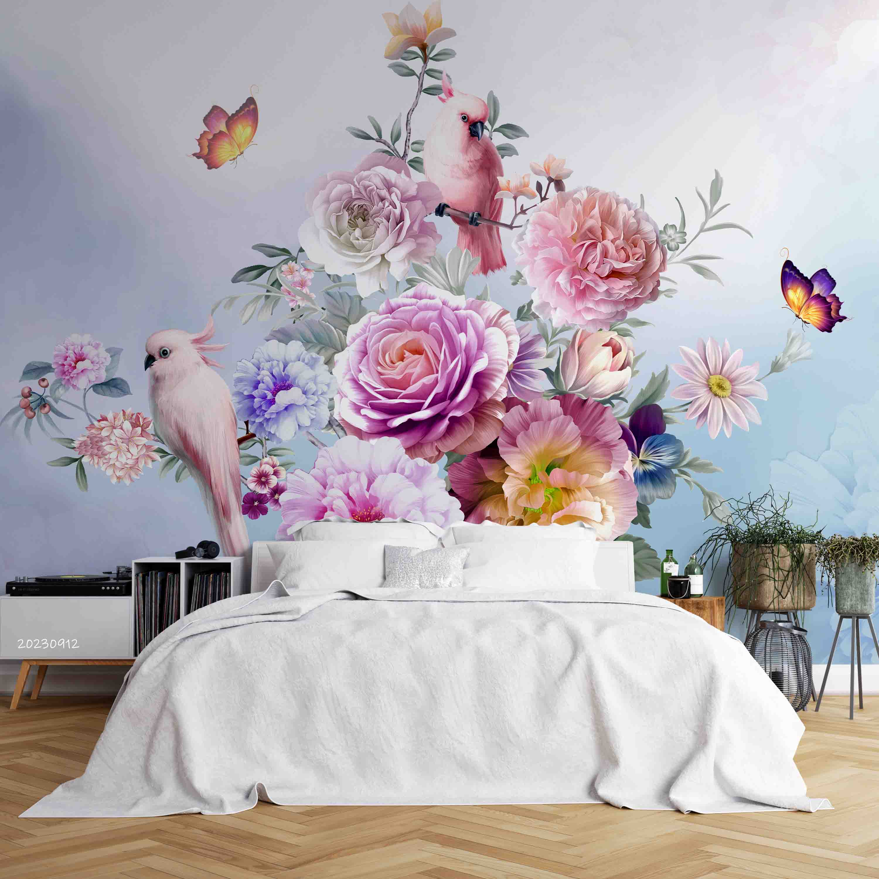 3D Floral Butterfly Parrot  Rose Wall Mural Wallpaper YXL 2630