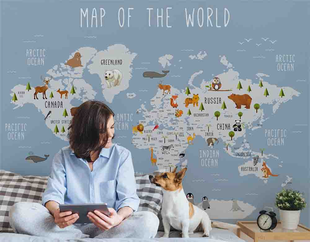 3D World Map Cartoon Animals Wall Mural Wallpaper GD 3684- Jess Art Decoration