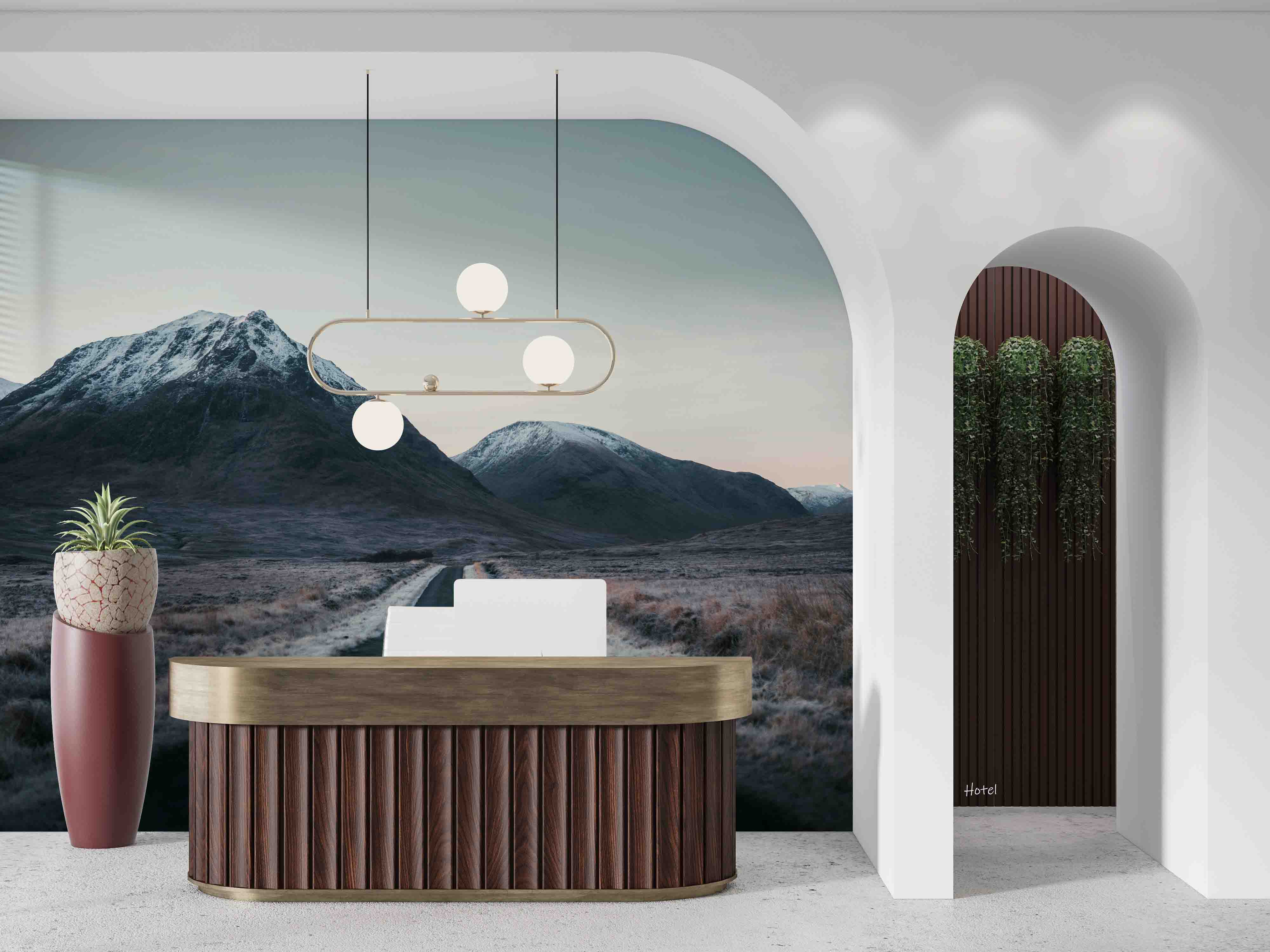 3D Hotel Inn Motel Hostel Resort Manor Landscape Mountains Wall Mural Wallpaper 3