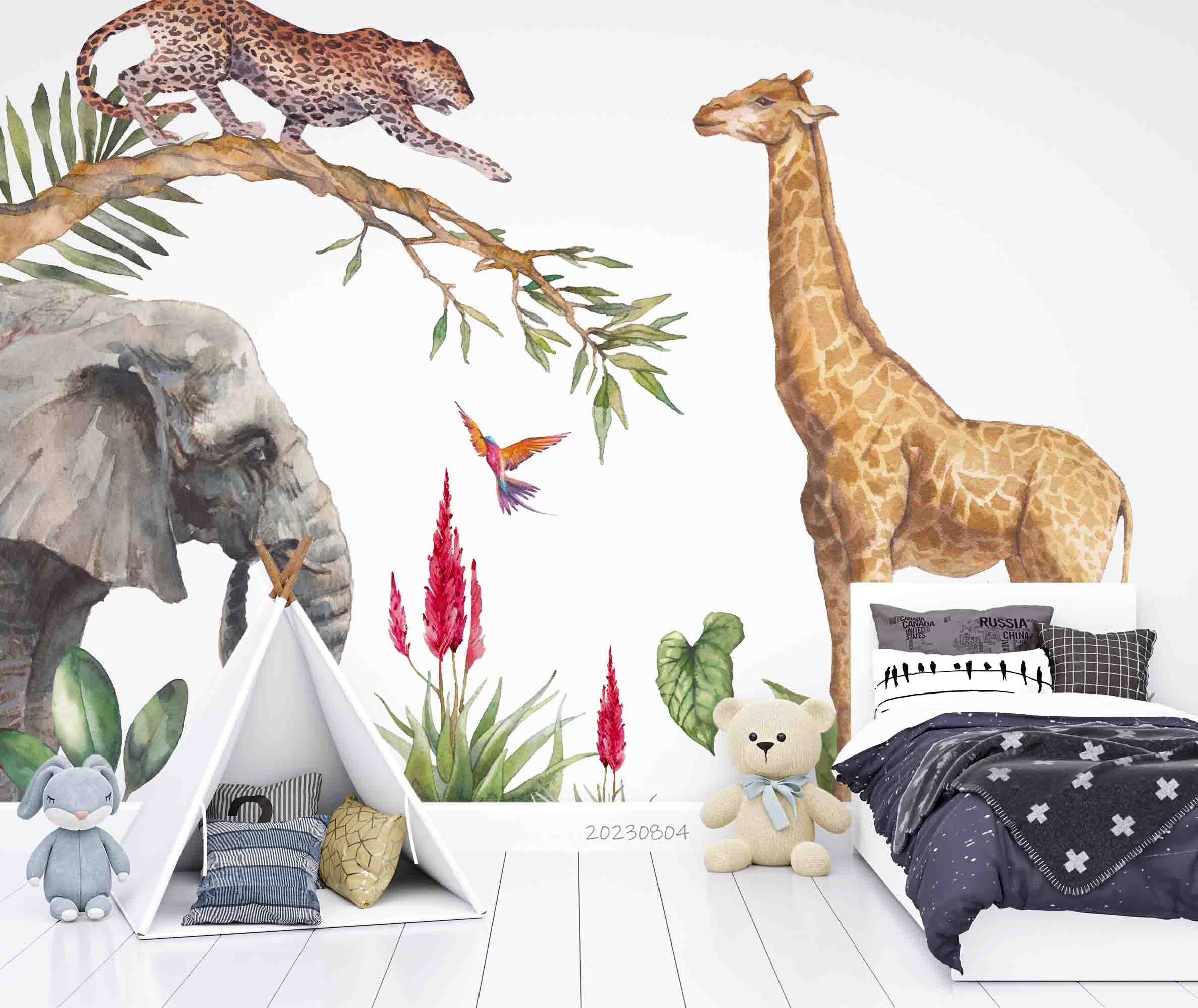 3D Animal Giraffe Cheetah Elephant Tree Wall Mural Wallpaper YXL 2531