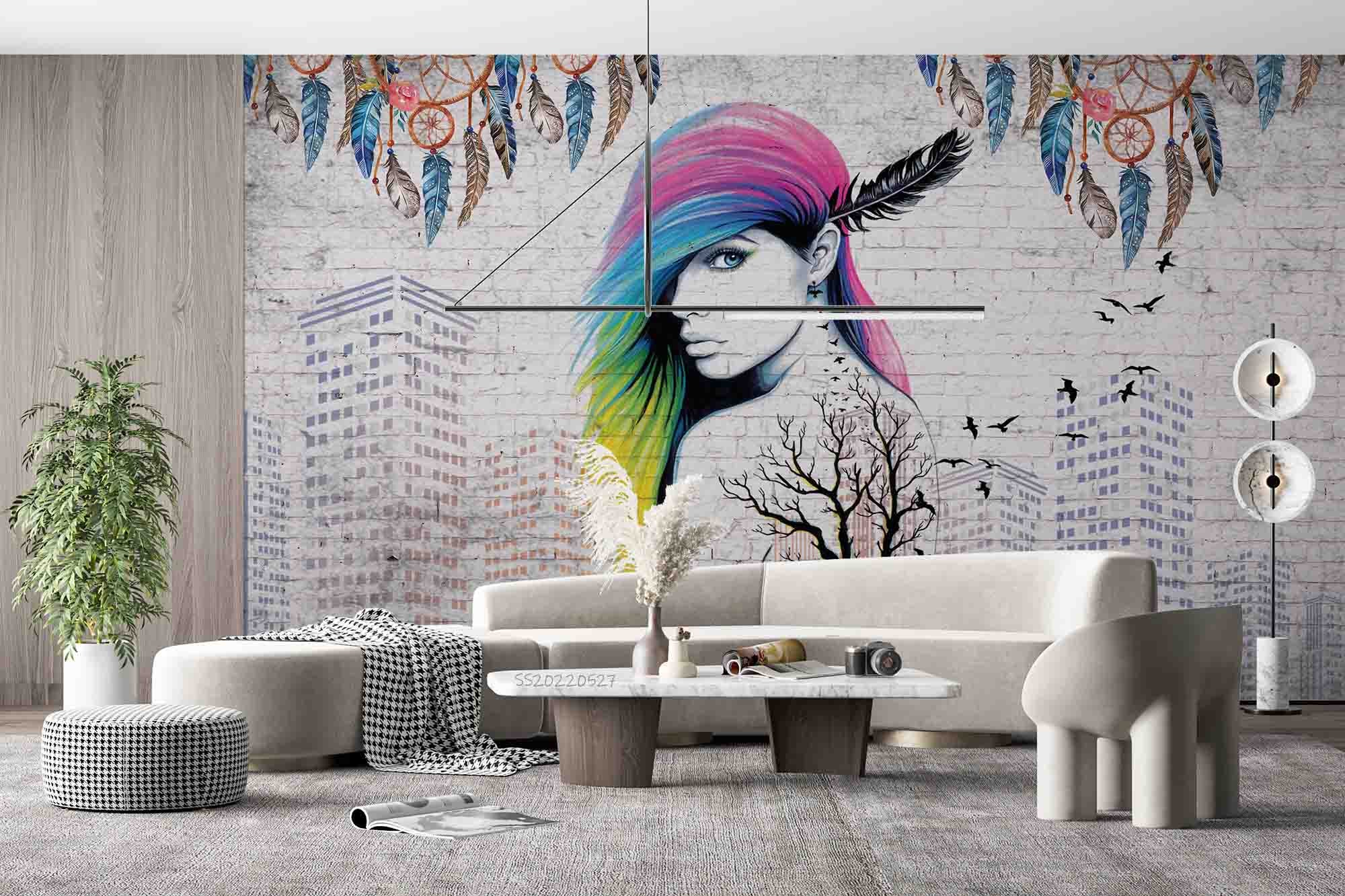 3D Abstract Graffiti Girl Architecture Dream Catcher Wall Mural Wallpaper GD 4189- Jess Art Decoration