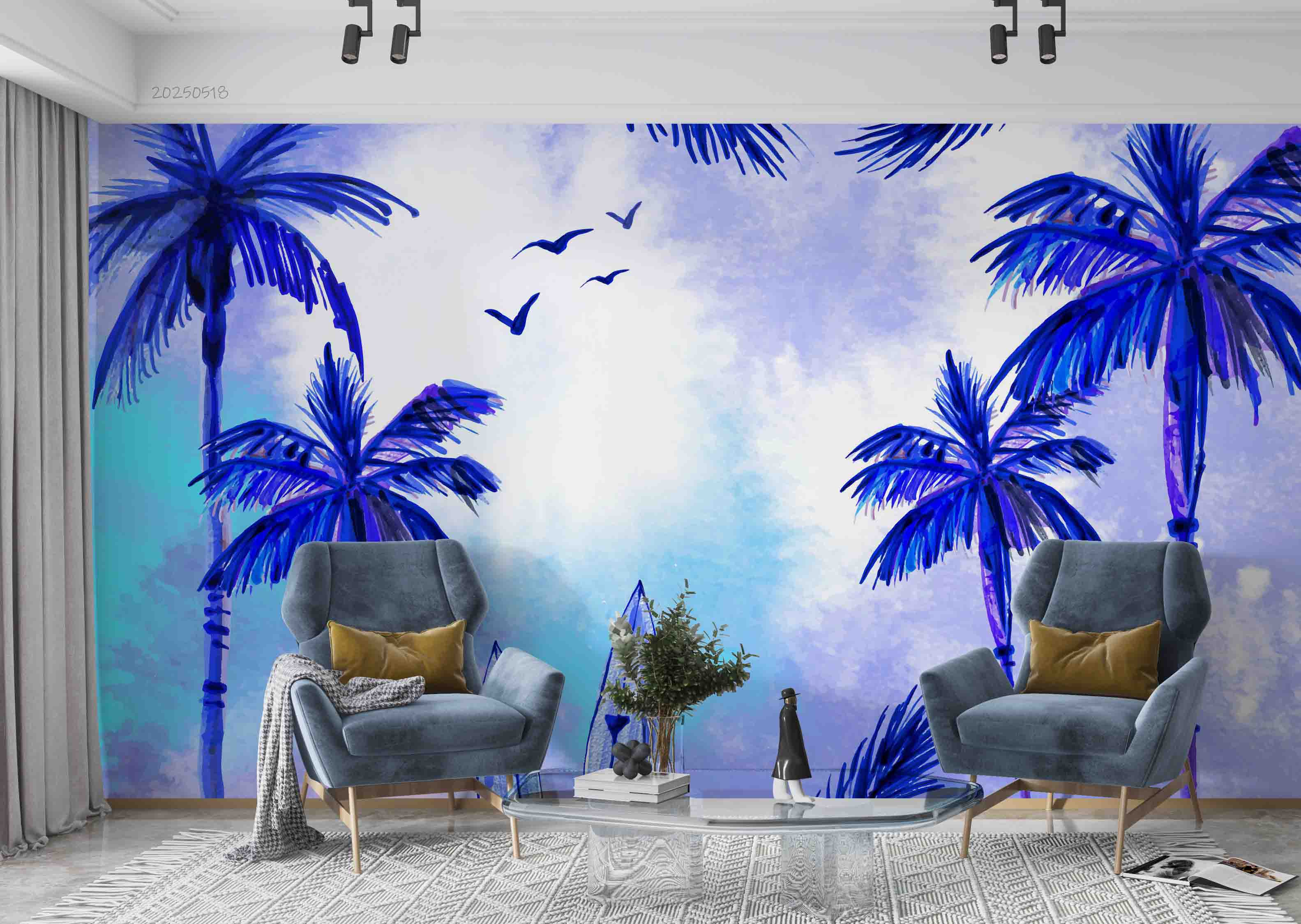 3D Watercolor Blue Coconut Tree Landscape Oil Painting Wallpaper Wall Mural Wall Decor Wall Art Wall Sticker Remoable Wallpaper
