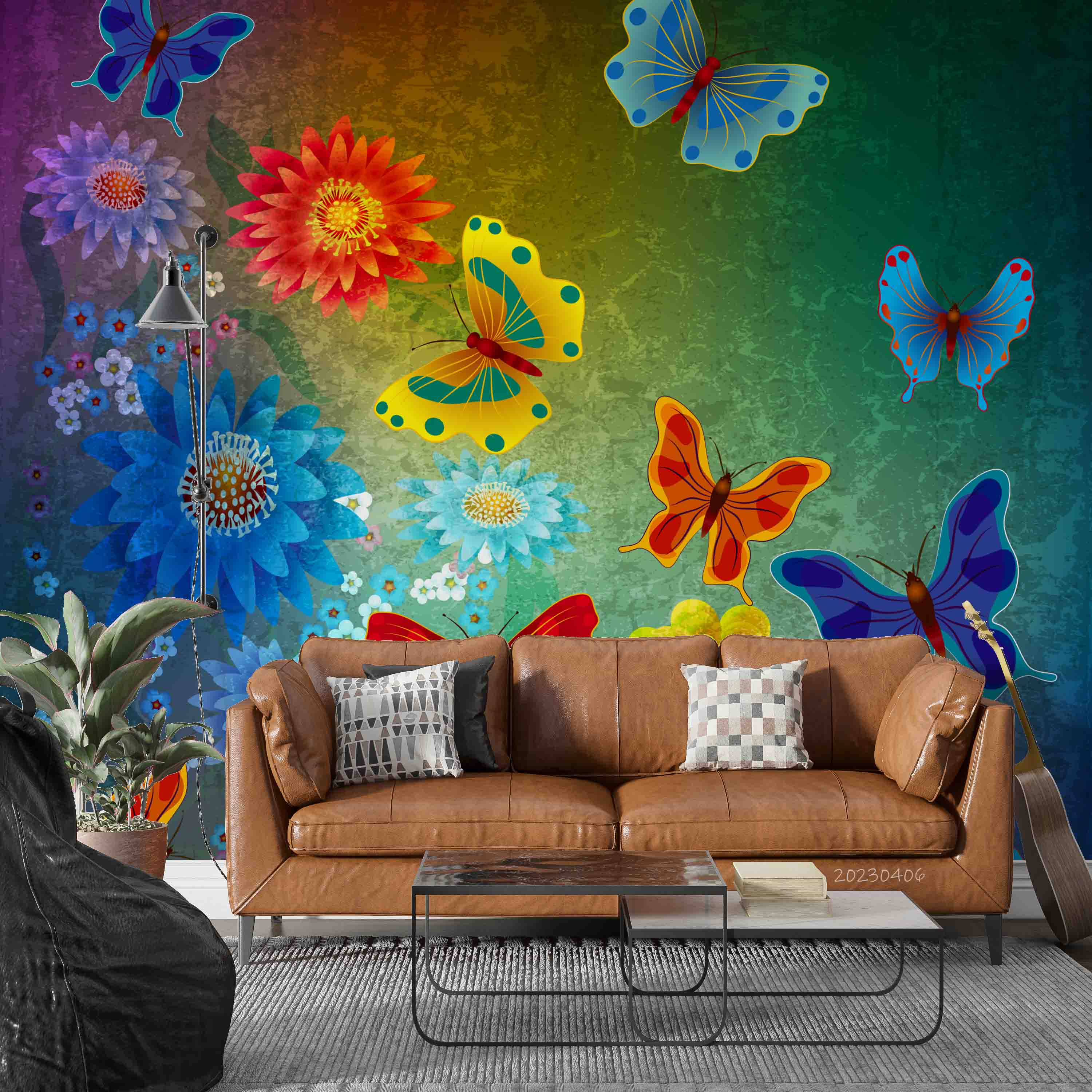 3D Abstract Colorful Butterfly Dark Green Floral Wall Mural Wallpaper GD 5662- Jess Art Decoration