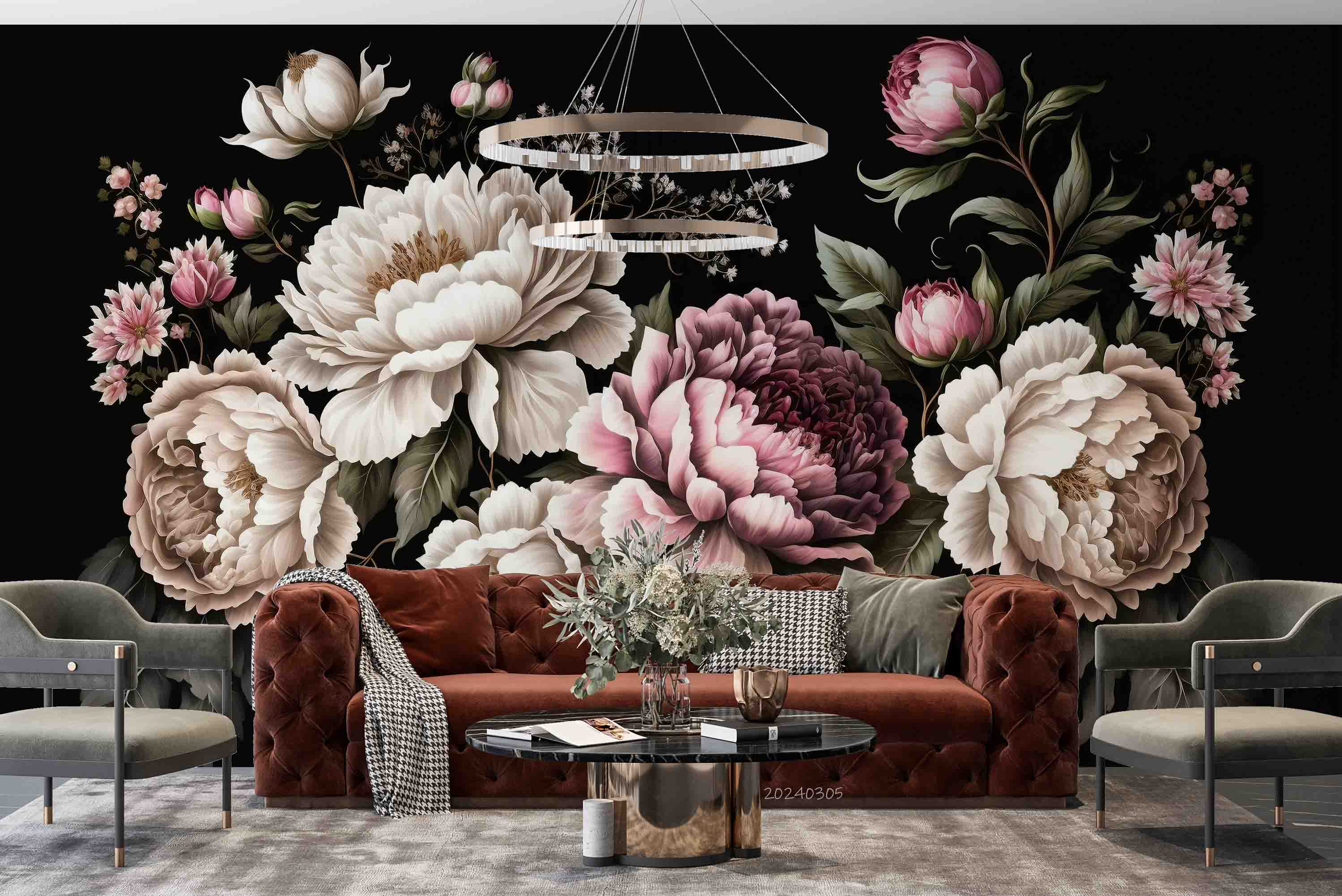3D Pink Floral Bouquet Dark Background Wallpaper Wall Mural Wall Decor Wall Art Wall Sticker Remoable Wallpaper