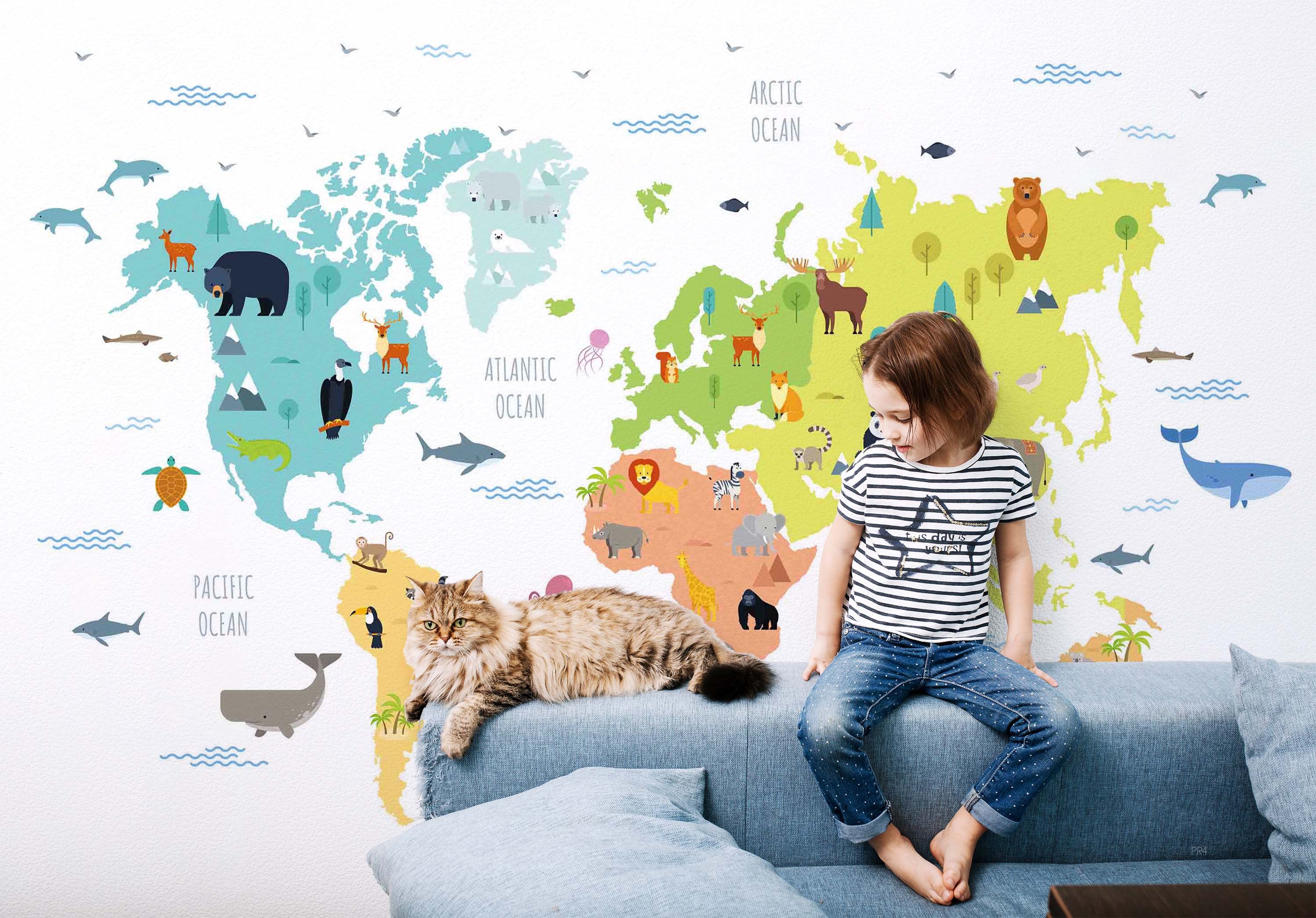 3D World Map Cartoon Animals Wall Mural Wallpaper GD 3995- Jess Art Decoration