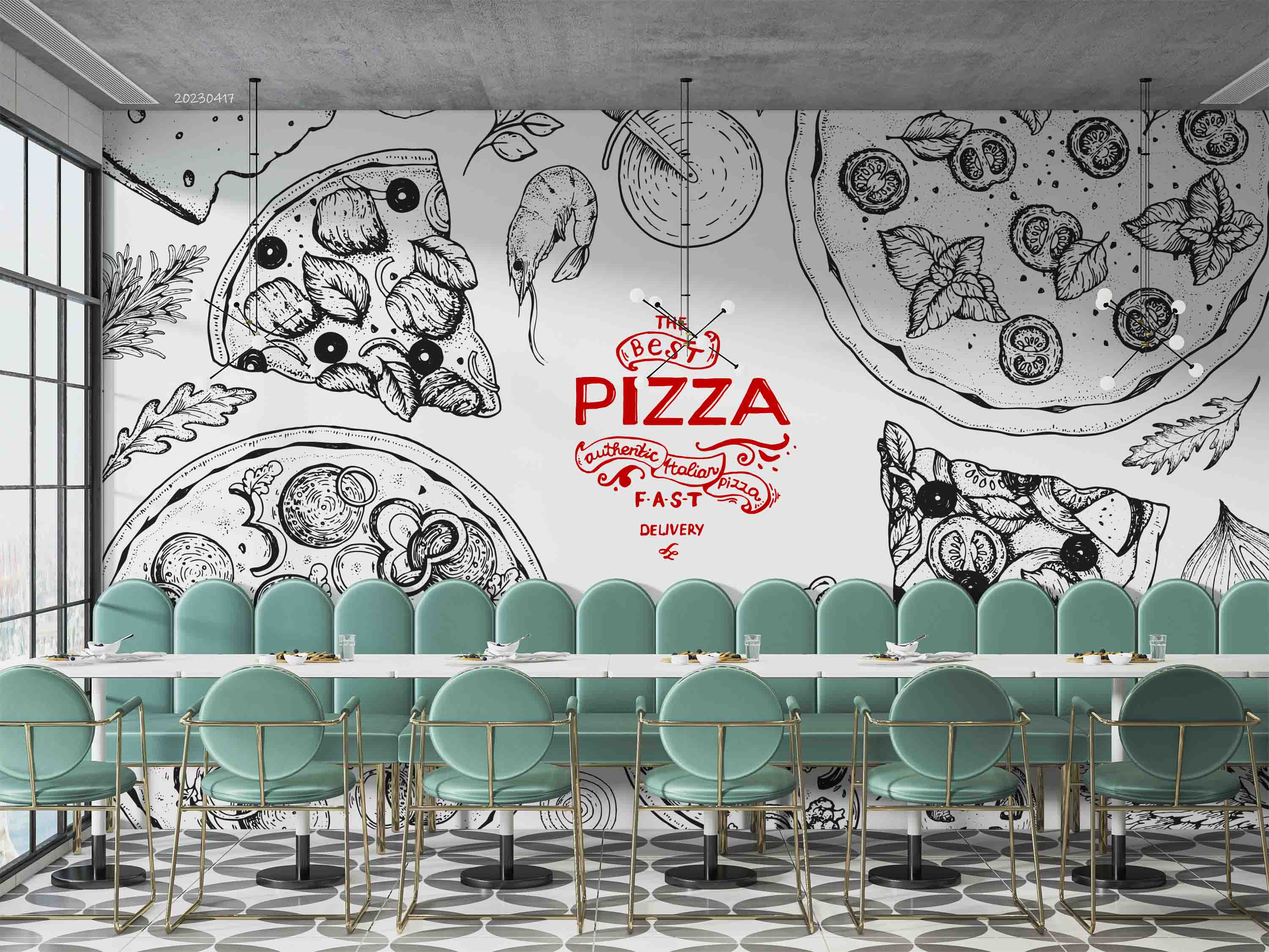 3D Italian Pizza Ingredients Top View Frame Engraving Style Wall Mural Wallpaper GD 5549- Jess Art Decoration