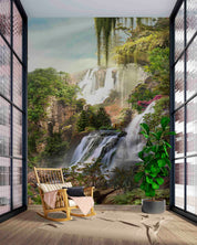 3D Mountain Waterfall Green Forest Trees Floral Landscape Wall Mural Wallpaper GD 4301- Jess Art Decoration