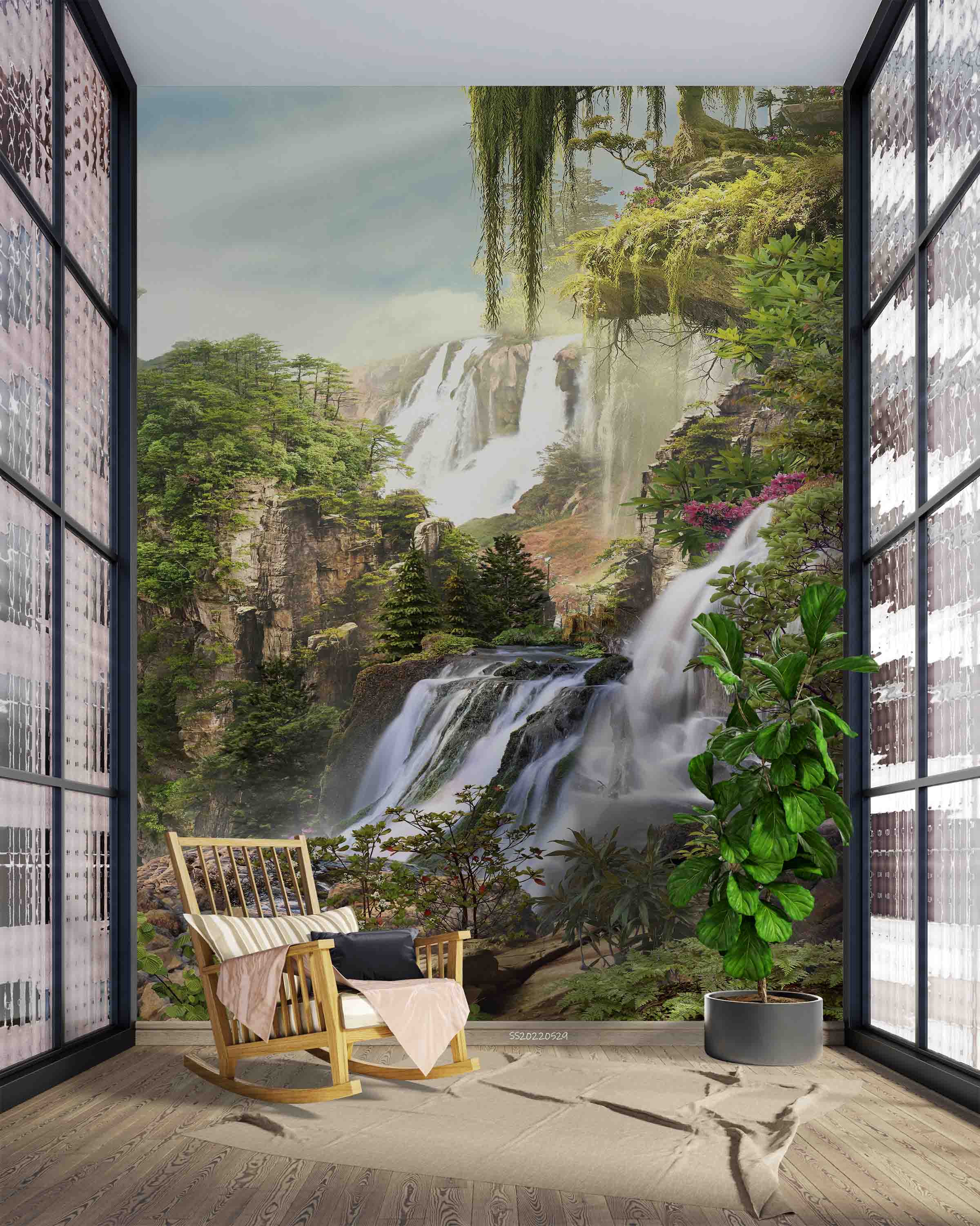 3D Mountain Waterfall Green Forest Trees Floral Landscape Wall Mural Wallpaper GD 4301- Jess Art Decoration