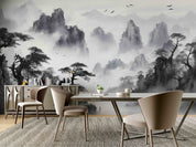3D Mountain Tree Bird Fog Sky Wall Mural Wallpaper YXL 2937