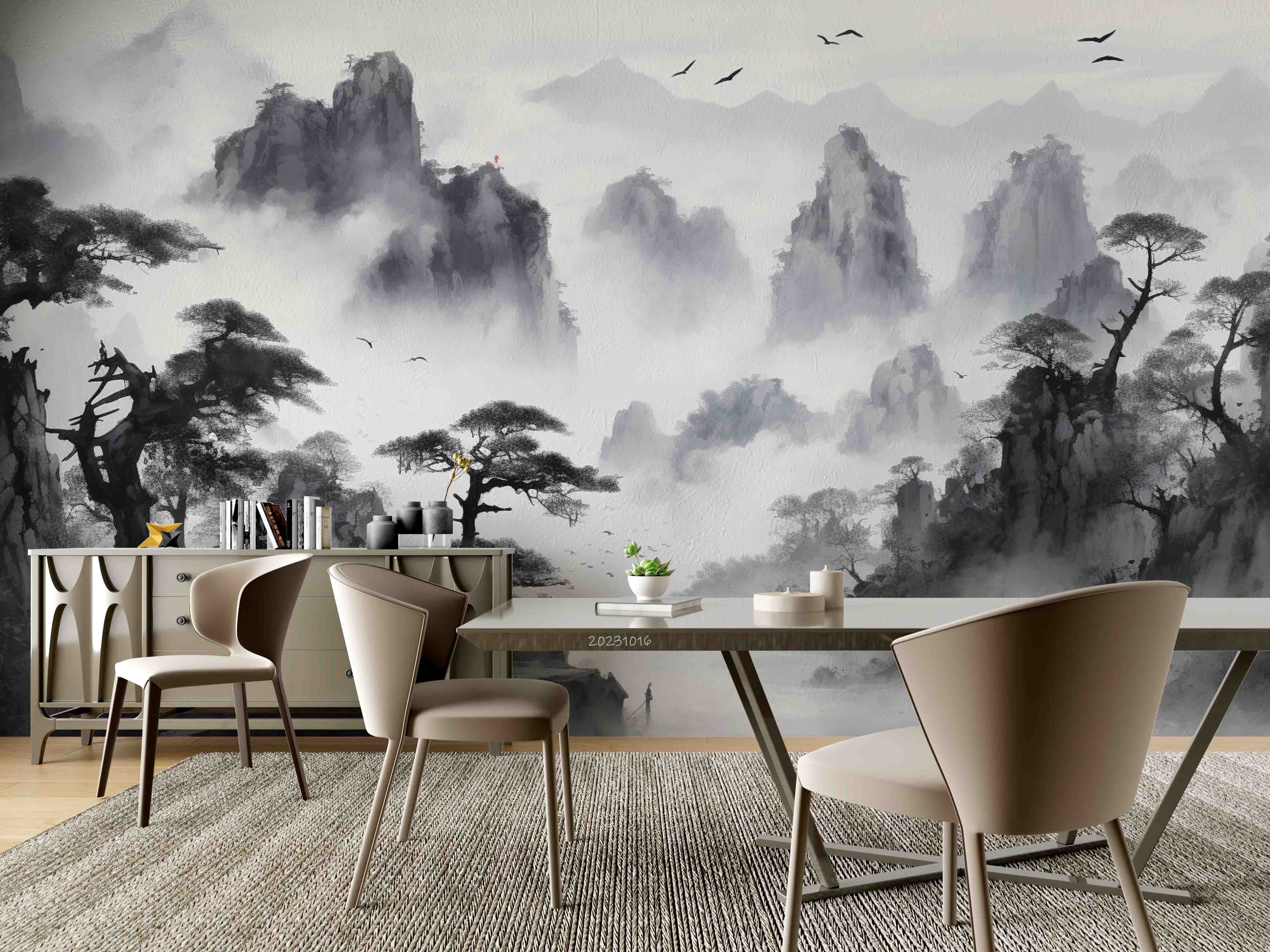 3D Mountain Tree Bird Fog Sky Wall Mural Wallpaper YXL 2937
