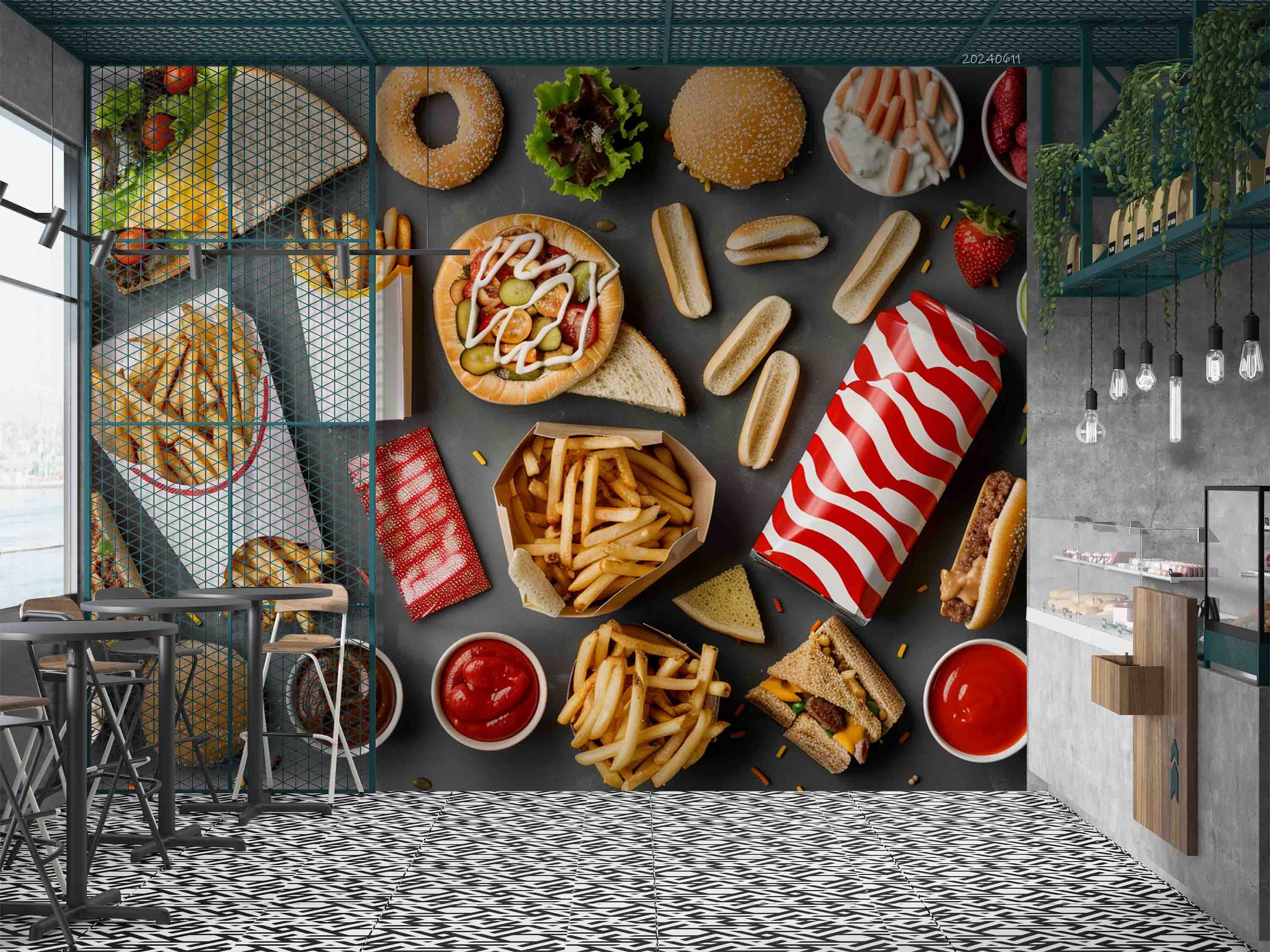 3D Hamburger Chips Ketchup Hot Dog Bread Niblet Wall Mural Wallpaper YXL 308