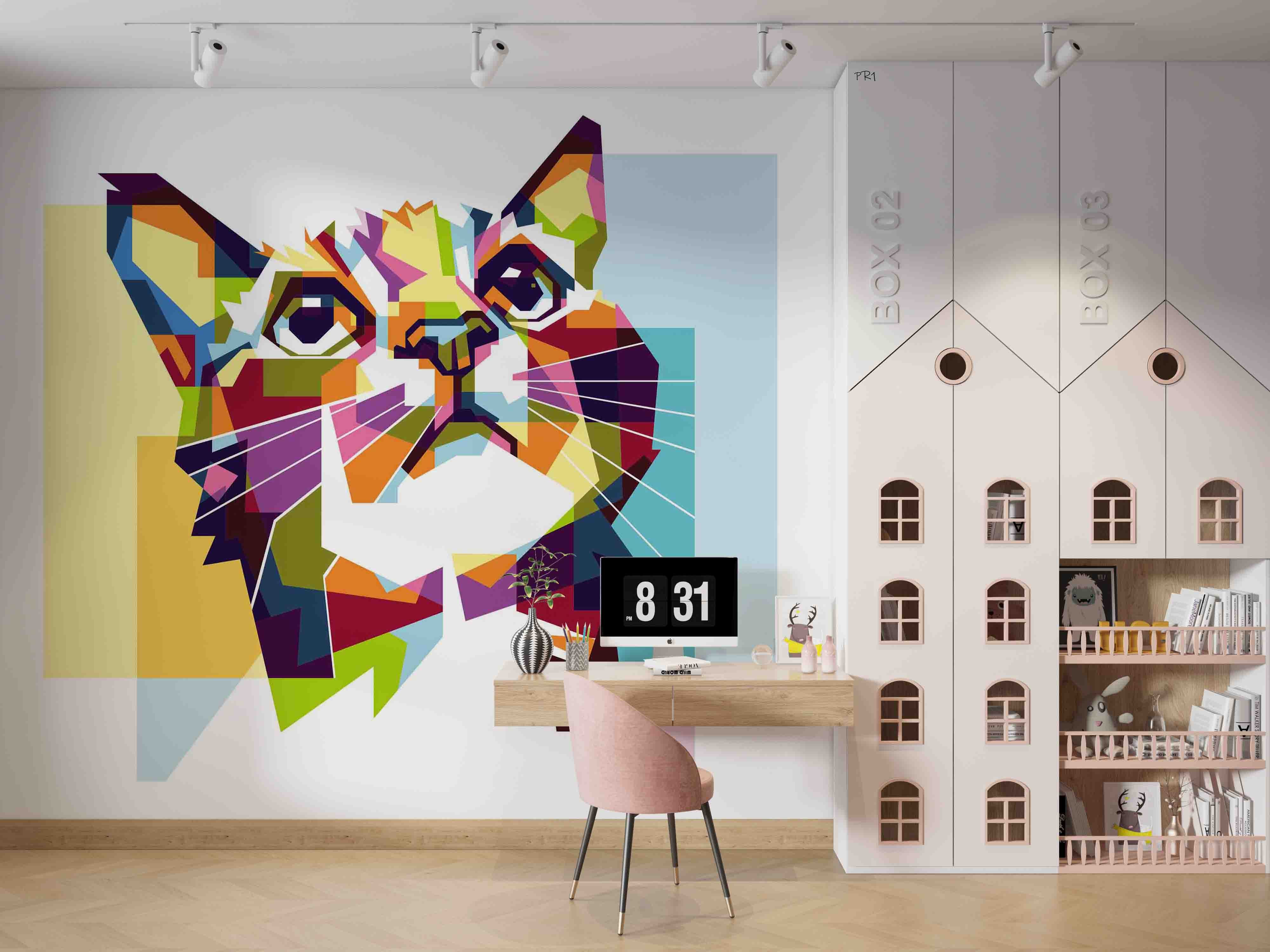 3D Colourful Geometric Cat colourful geometric cat portrait wall mural wallpaper for kids room
