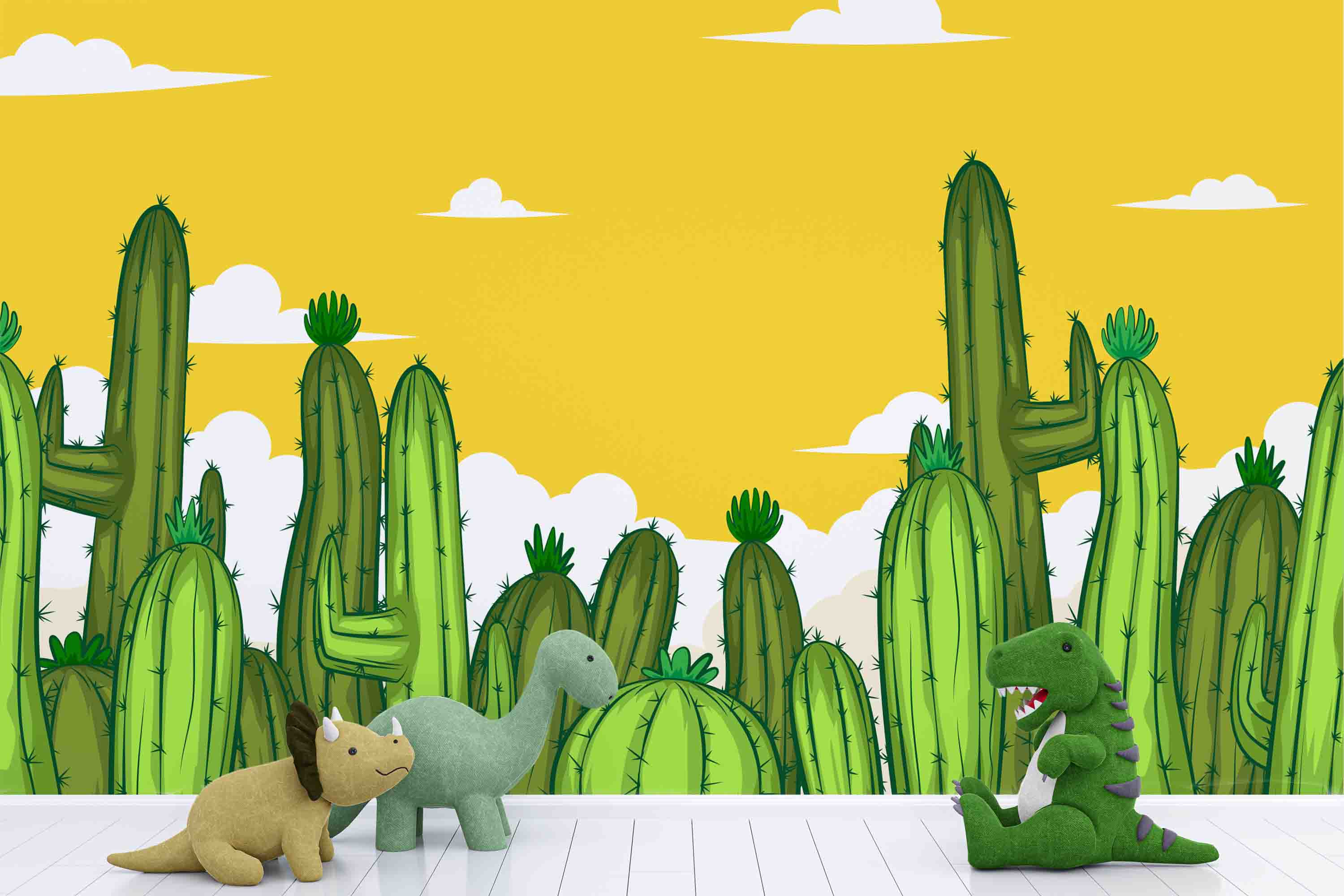 3D Yellow Cactus Sky playful desert cactus illustration wall mural wallpaper for kids room - view 4