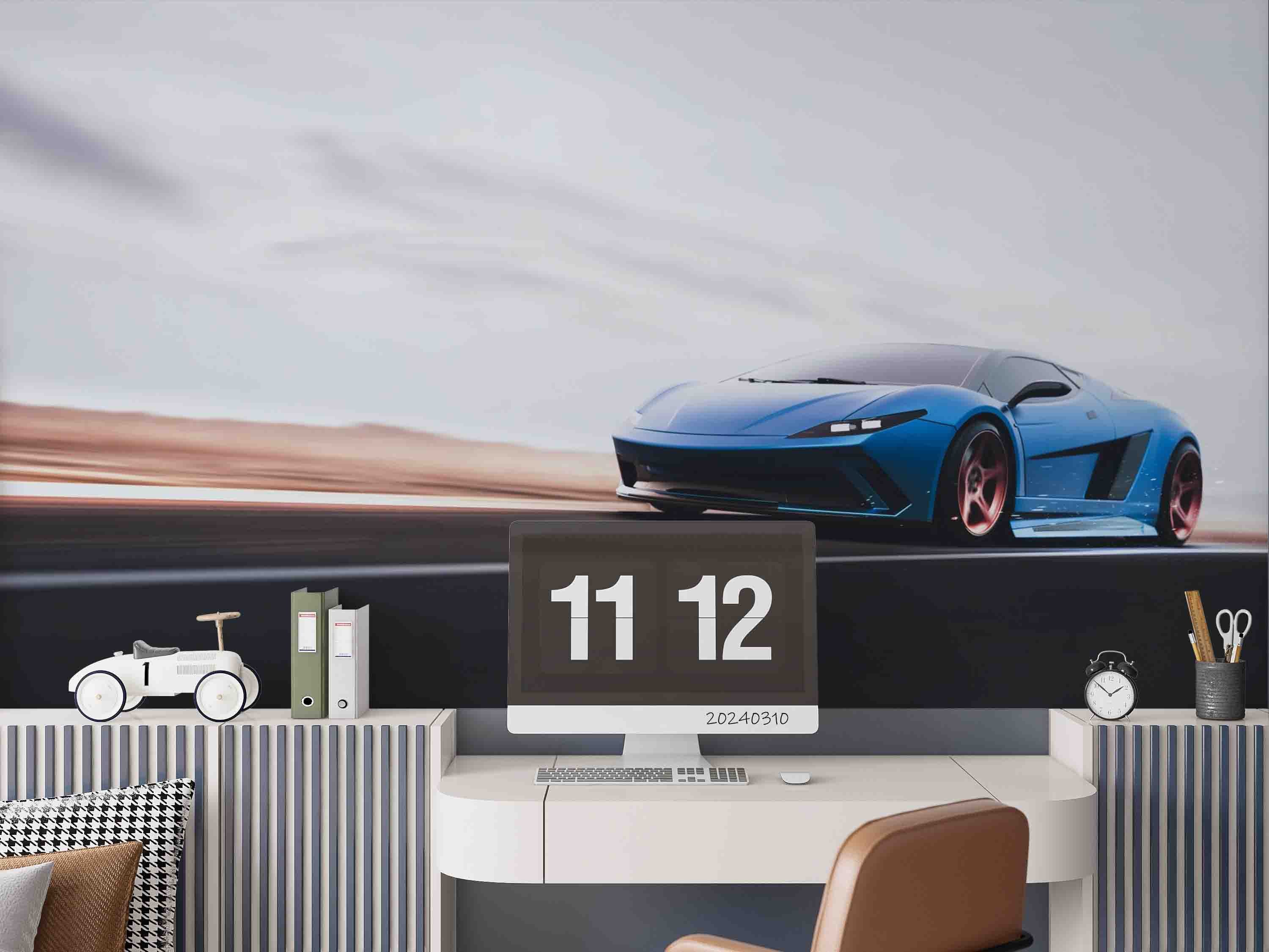 3D Blue Sports Car Wallpaper Wall Mural Wall Decor Wall Art Wall Sticker Remoable Wallpaper