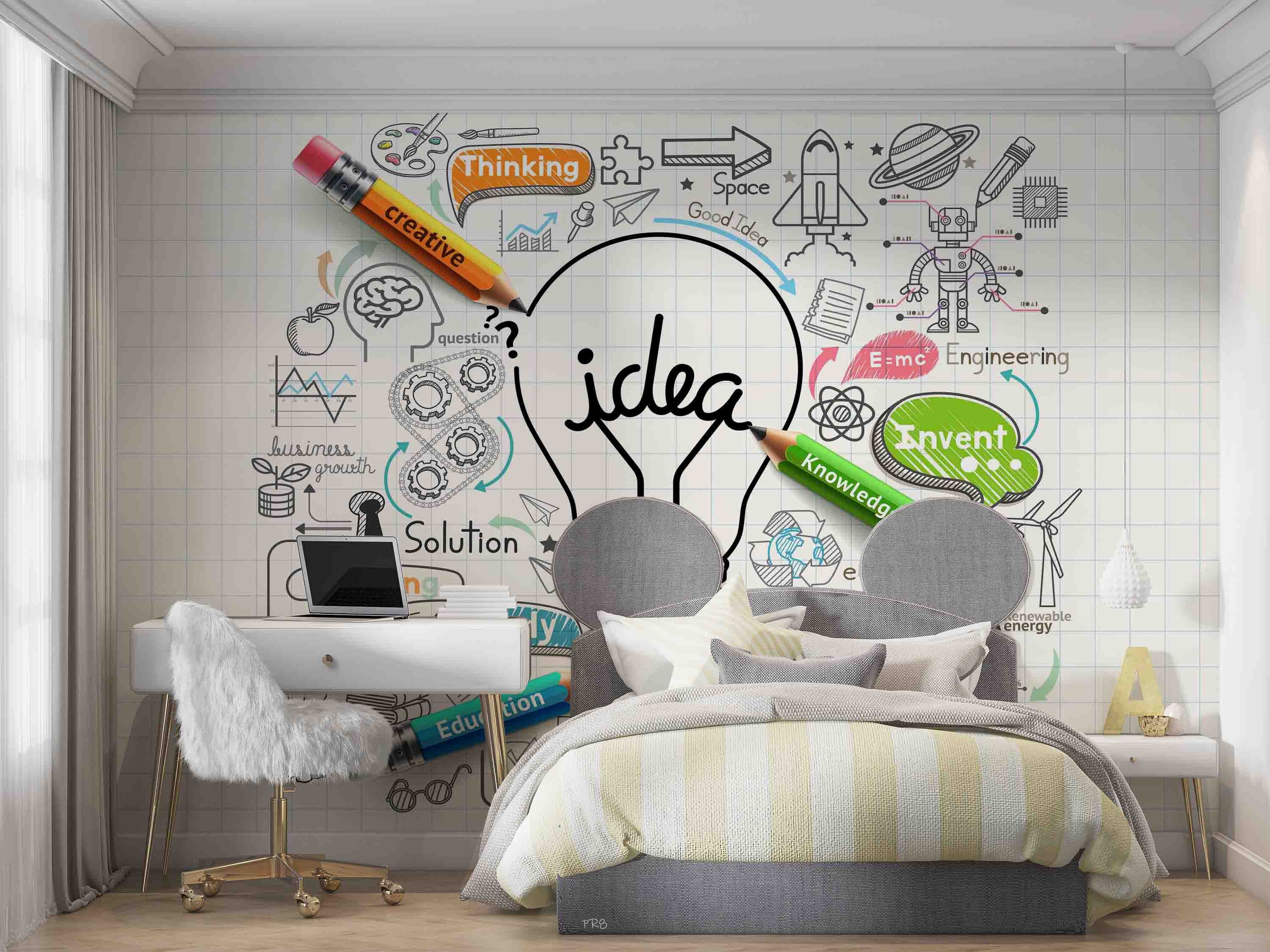3D Light Bulb Idea Concept Doodle Icon Set Wall Mural Wallpaper GD 4536- Jess Art Decoration