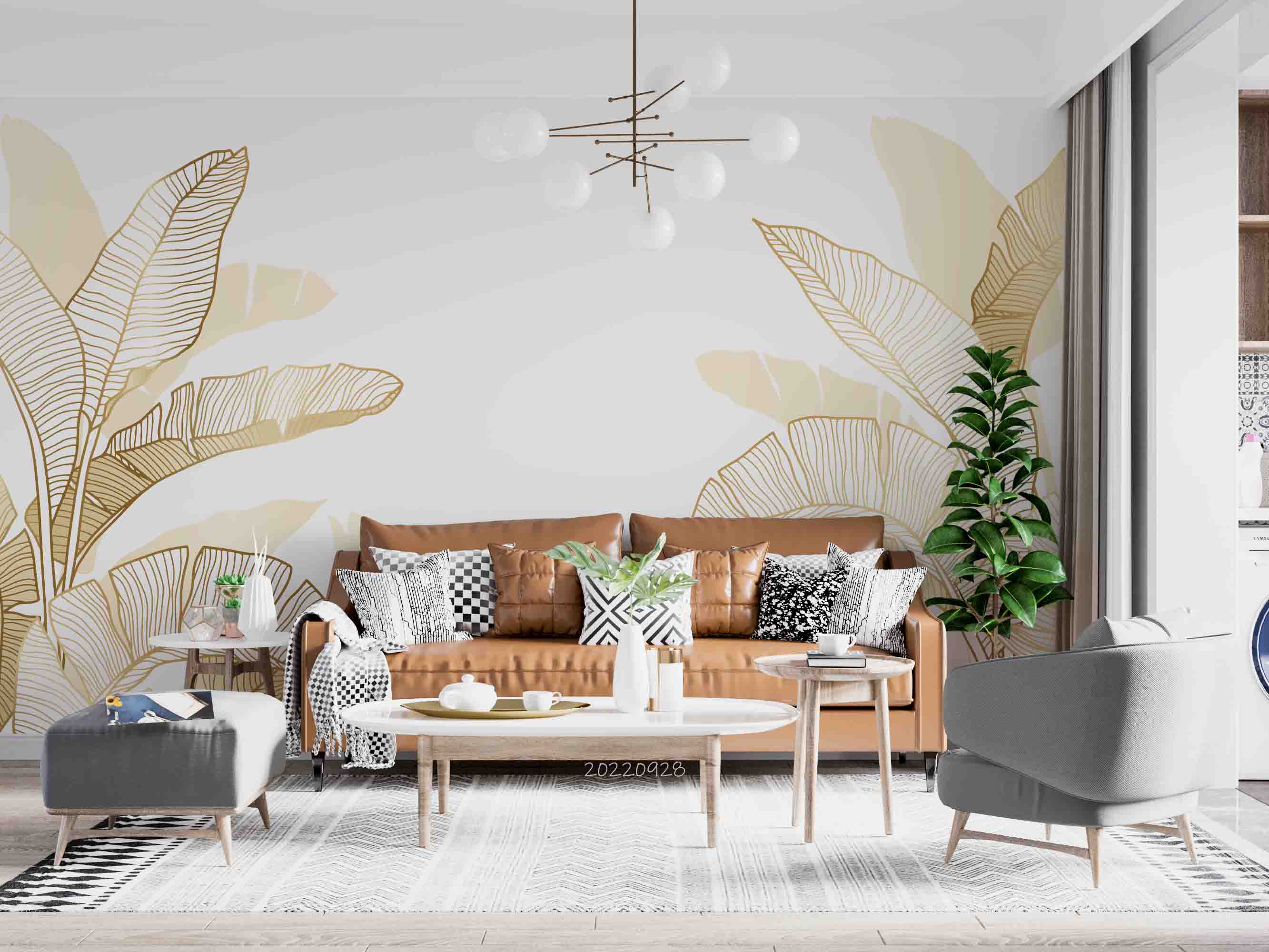 3D Hand Drawn Linear Engraving Tropical Golden Leaves Wall Mural Wallpaper GD 3368- Jess Art Decoration