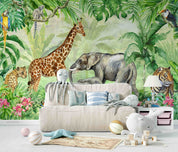 3D Animal Tree Elephant Giraffe  Parrot Cheetah Tiger Wall Mural Wallpaper YXL 2552
