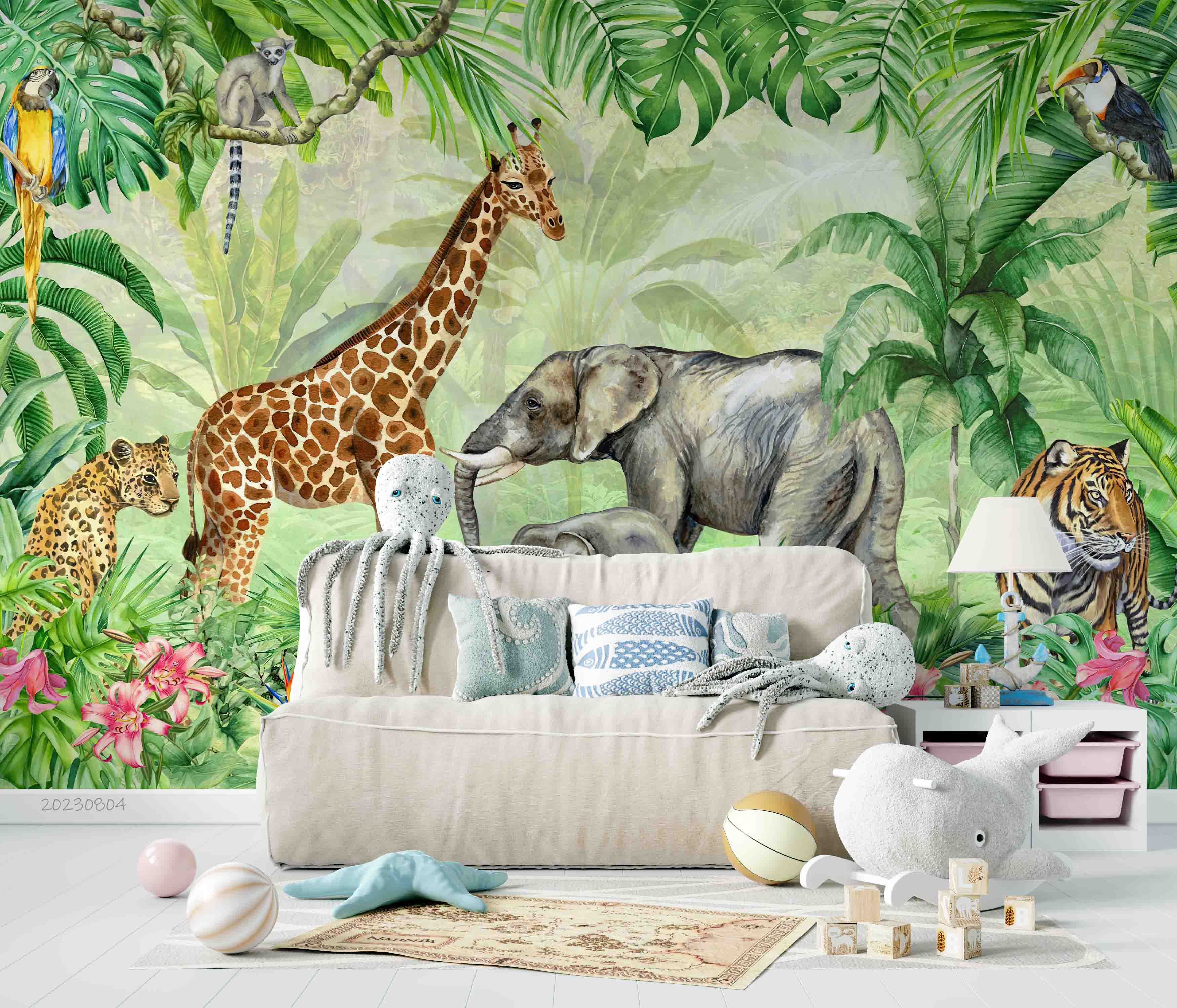 3D Animal Tree Elephant Giraffe  Parrot Cheetah Tiger Wall Mural Wallpaper YXL 2552