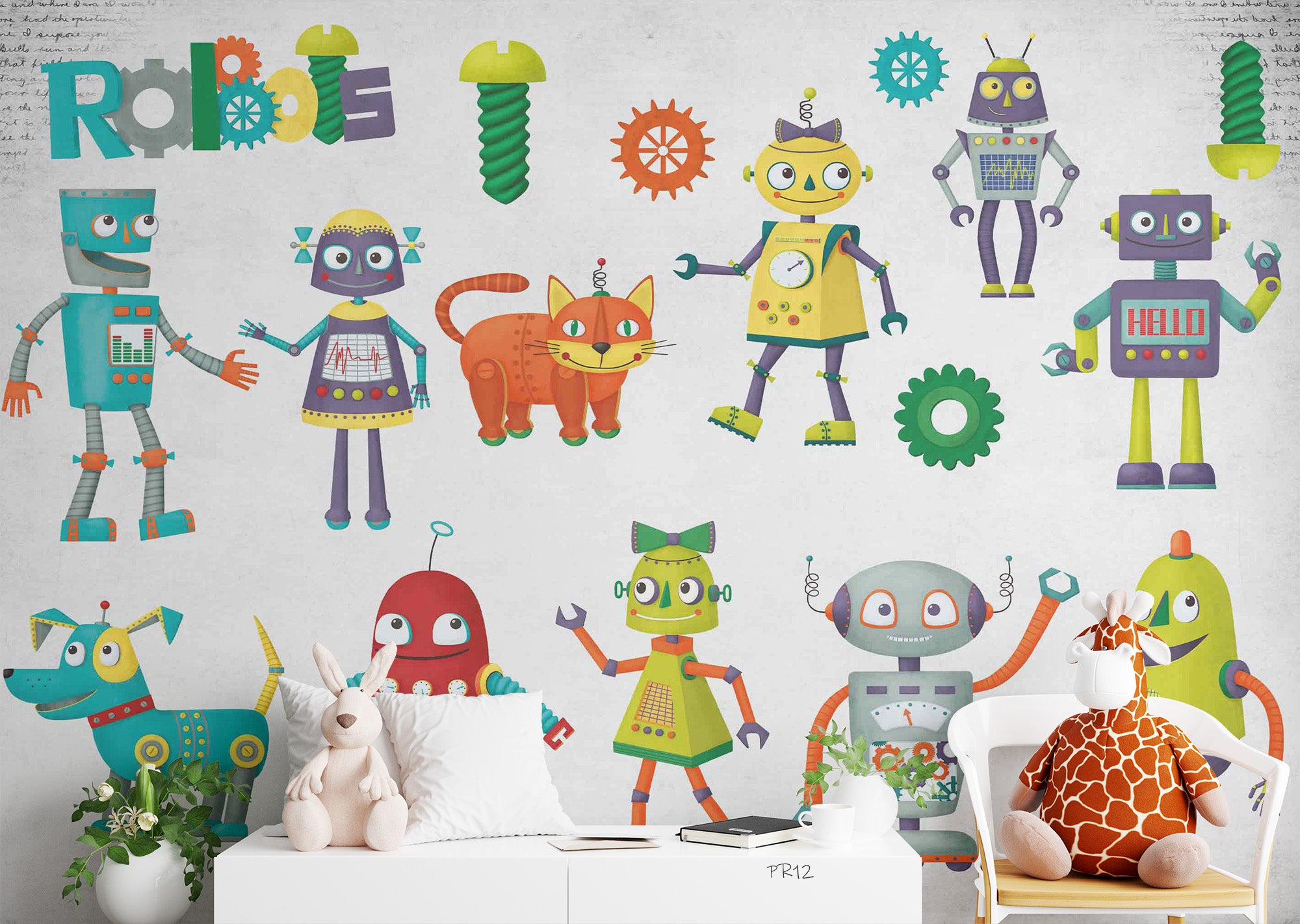 3D Robot Friends colourful robot character pattern wall mural wallpaper for kids room - view 3