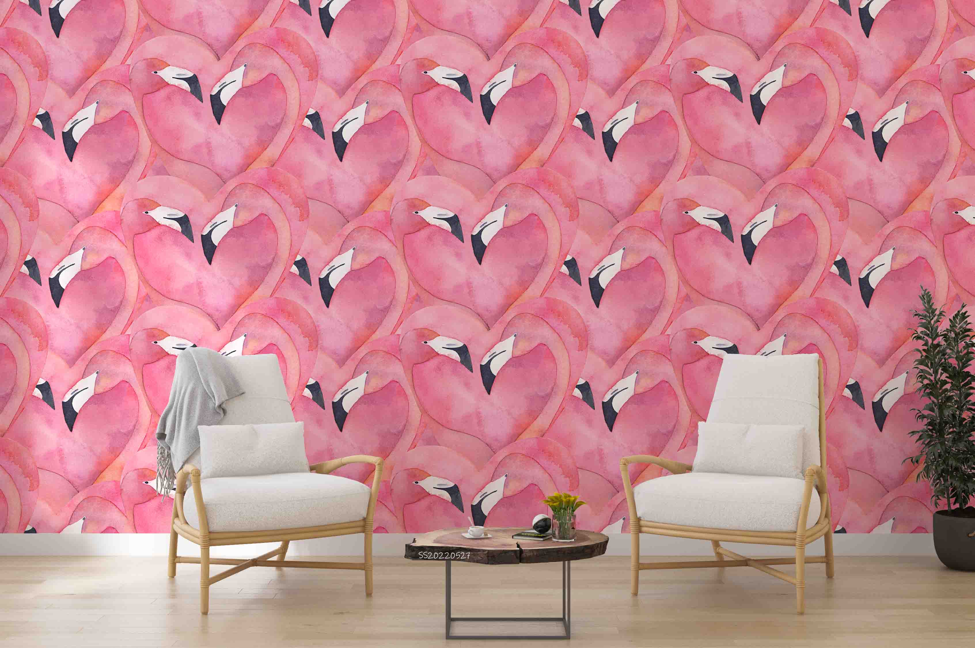 3D Watercolor Pink Flamingo Heart Shape Wall Mural Wallpaper GD 4239- Jess Art Decoration