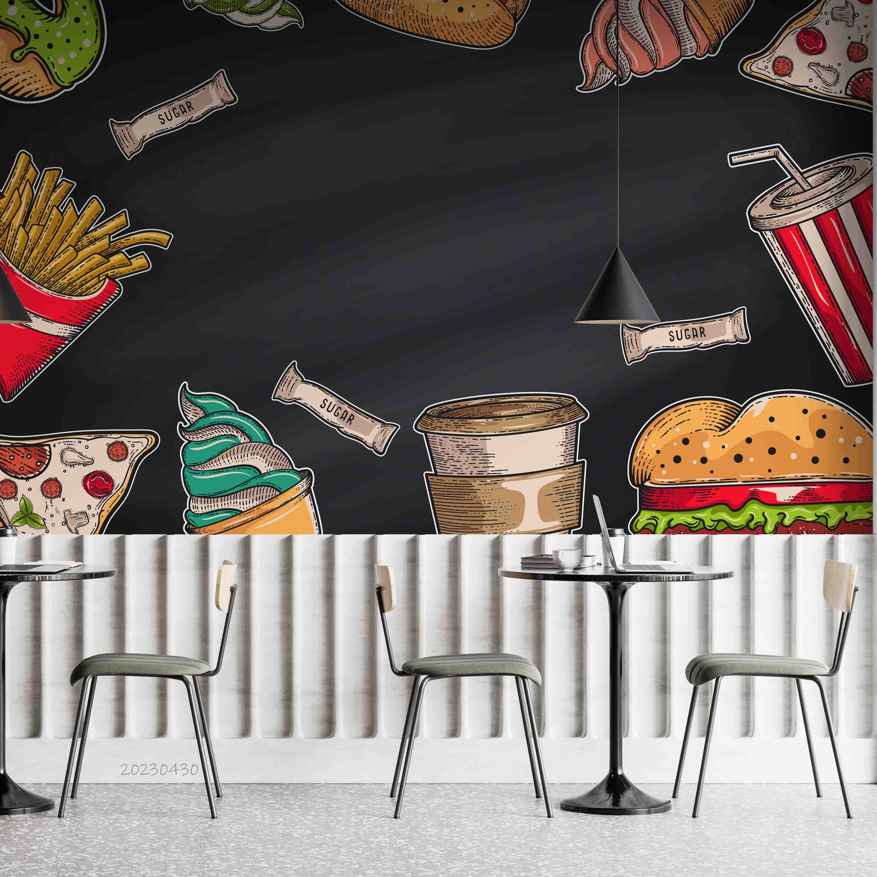 3D Vintage Fast Food Set Wall Mural Wallpaper GD 5222- Jess Art Decoration