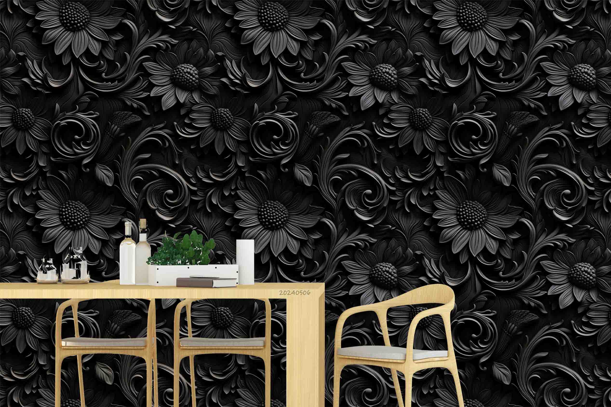 3D Black Floral Leaf Background Wallpaper Wall Mural Wall Decor Wall Art Wall Sticker Remoable Wallpaper