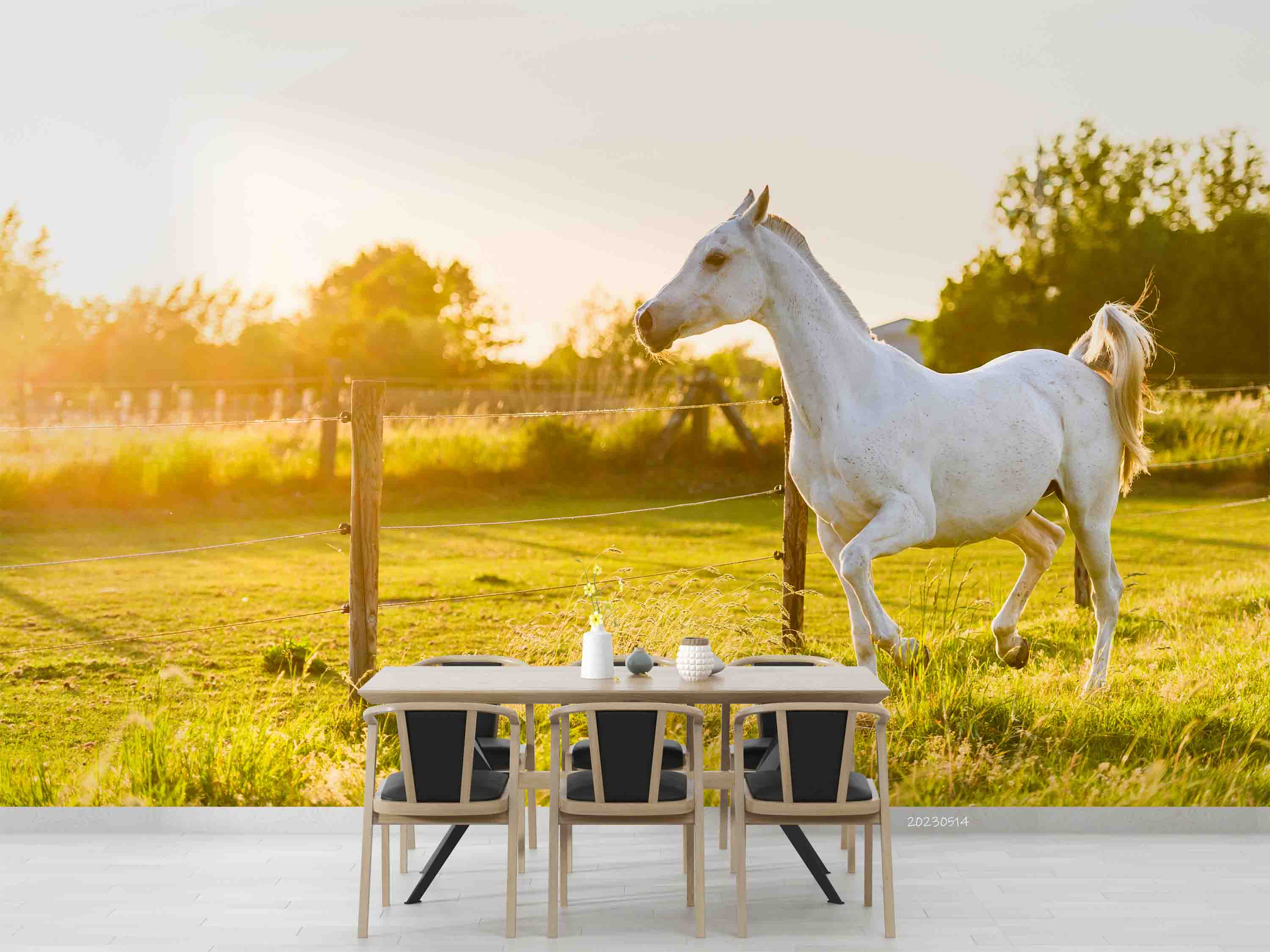 3D White Horse Meadow Sunset Wall Mural Wallpaper GD 5299- Jess Art Decoration