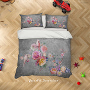 3D Floral Bird Rose Gray Quilt Cover Set Bedding Set Duvet Cover Pillowcase 617