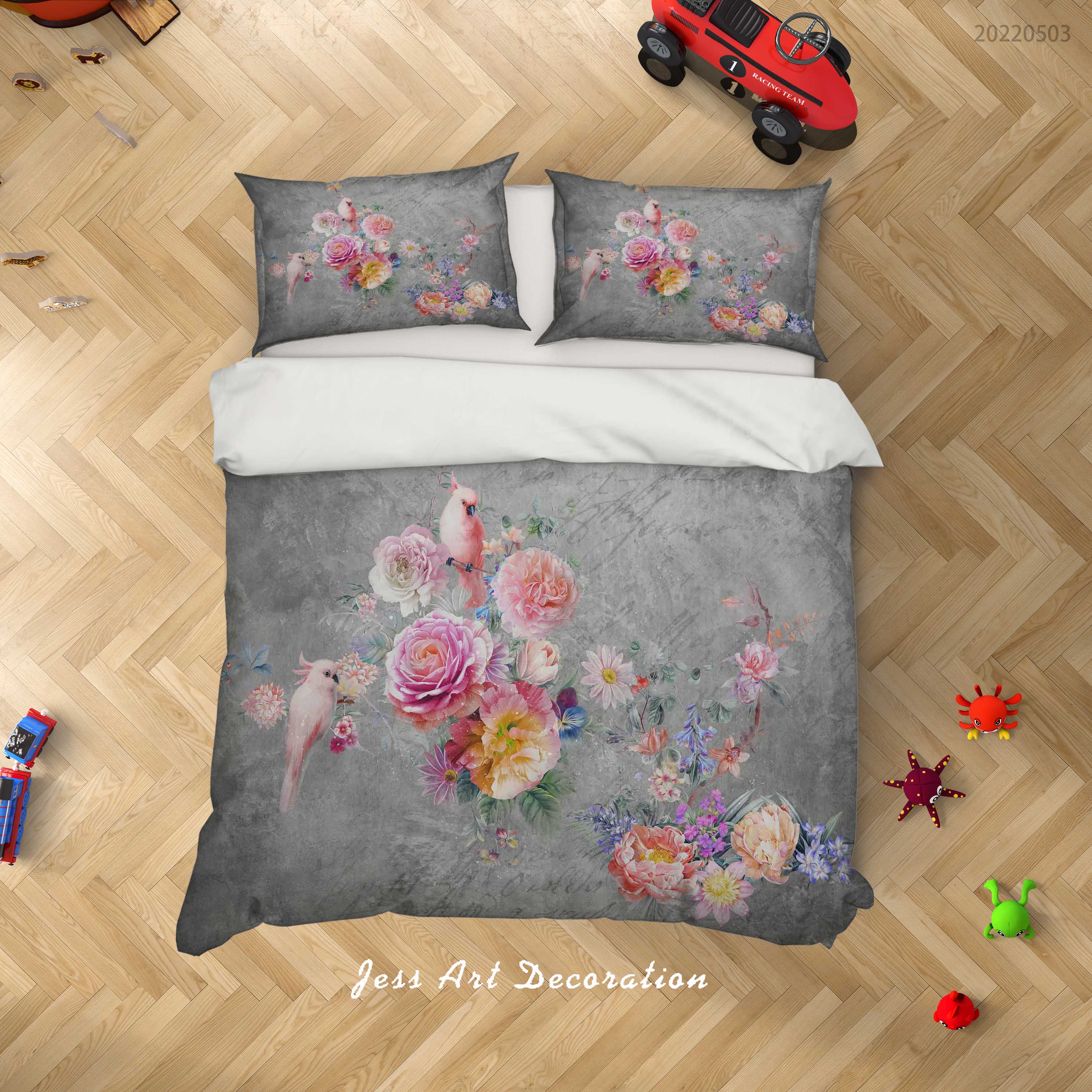 3D Floral Bird Rose Gray Quilt Cover Set Bedding Set Duvet Cover Pillowcase 617