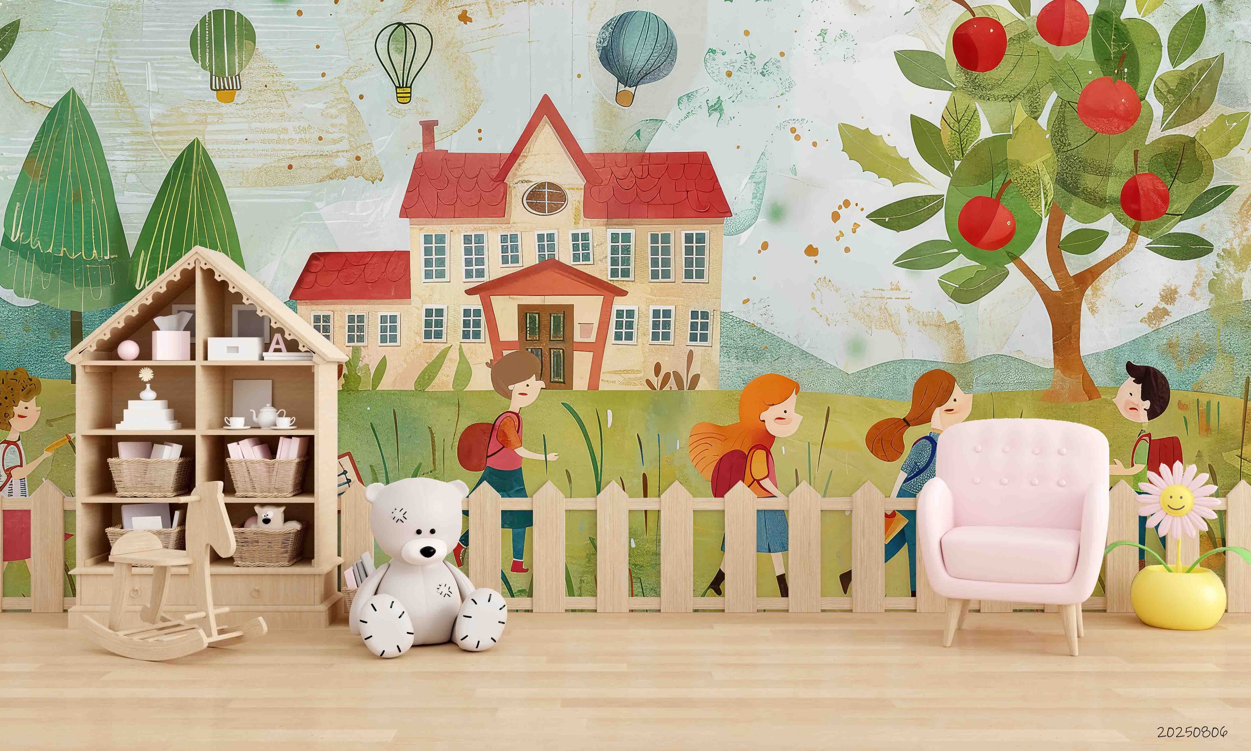 3D Childcare Nursery School Cartoon Schoolyard Children Wall Mural Wallpaper JN